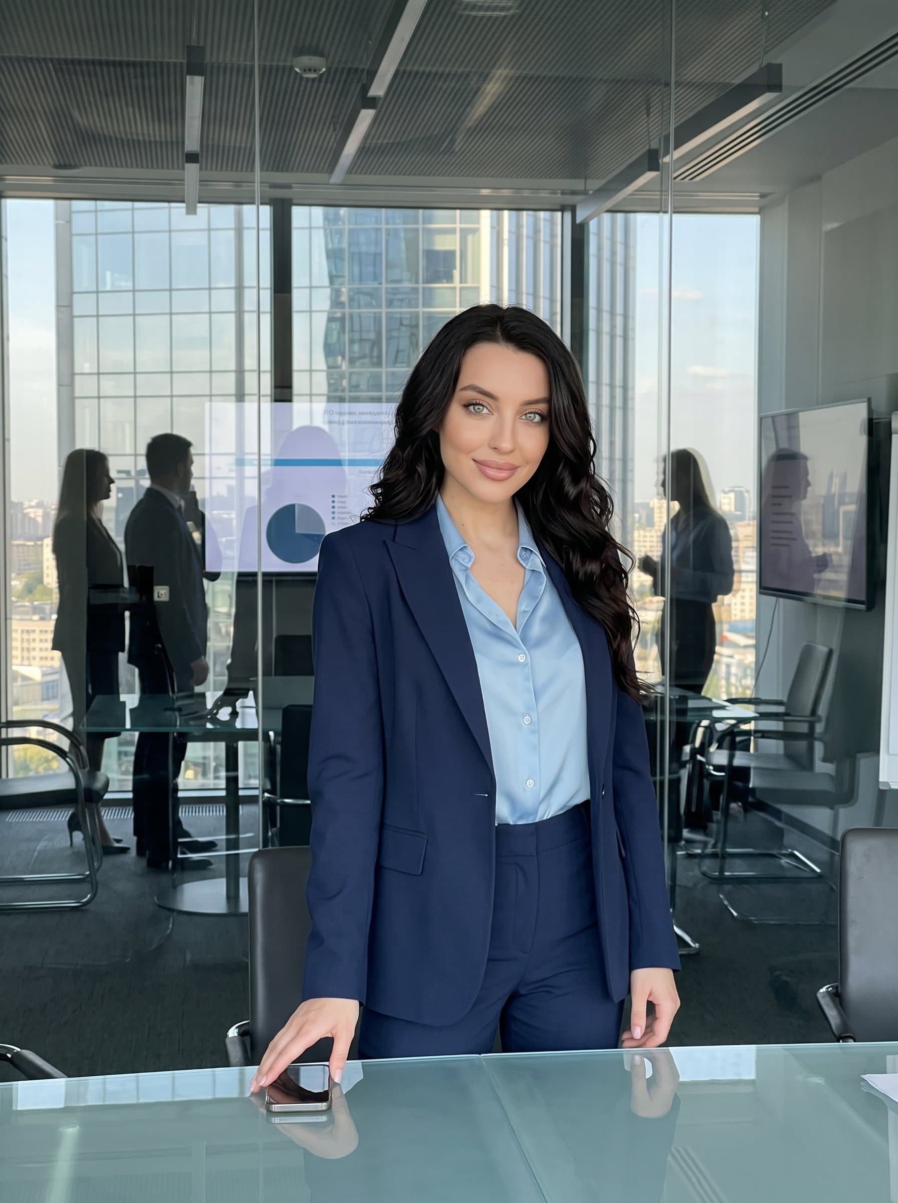 Imagine a of a marketing expert in a sleek conference room. Use reflections from glass surfaces to create depth, capturing their poised and modern demeanor, perfect for a professional online presence.