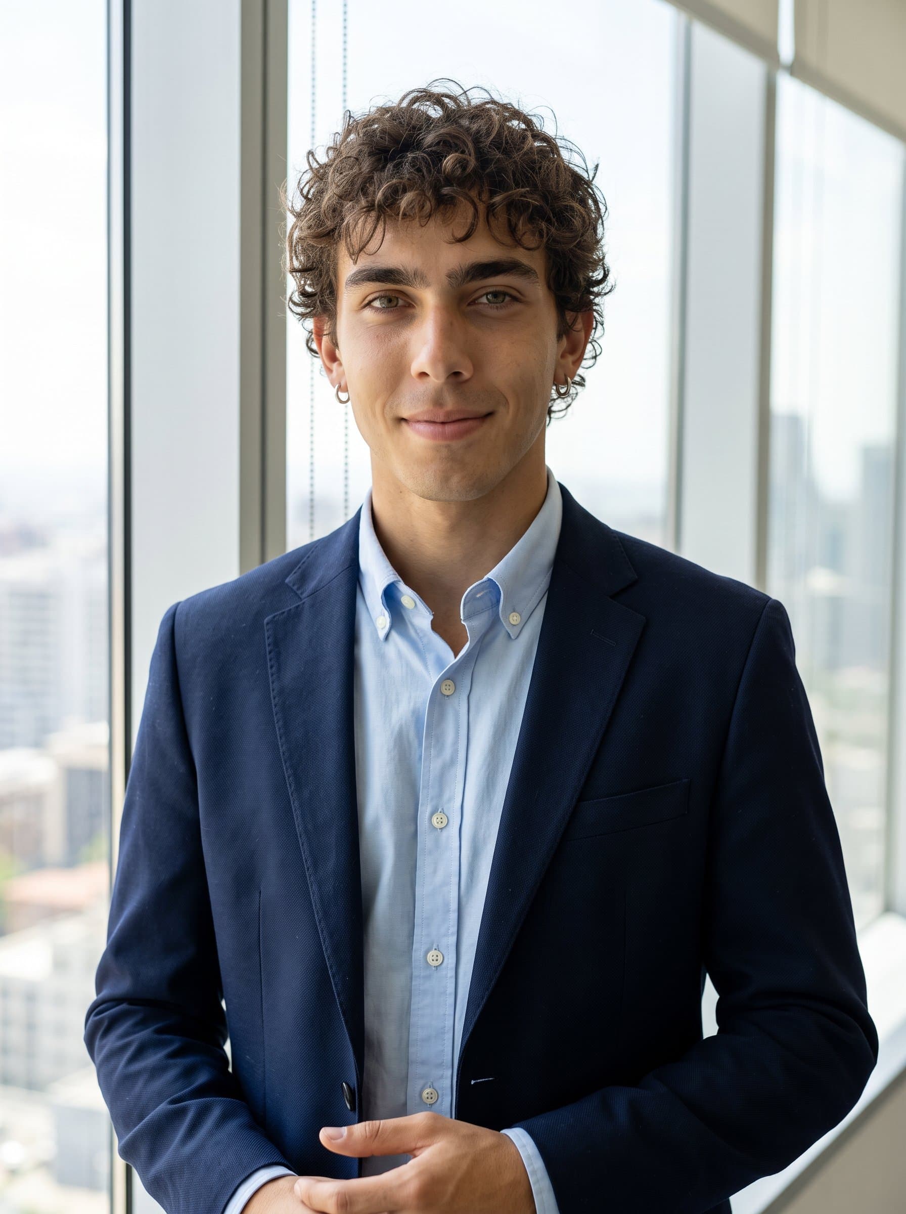 Craft a featuring a marketing professional with a subtle smile, standing in front of a large window. Capture the natural light filtering through, enhancing their approachable and polished appearance for professional use.