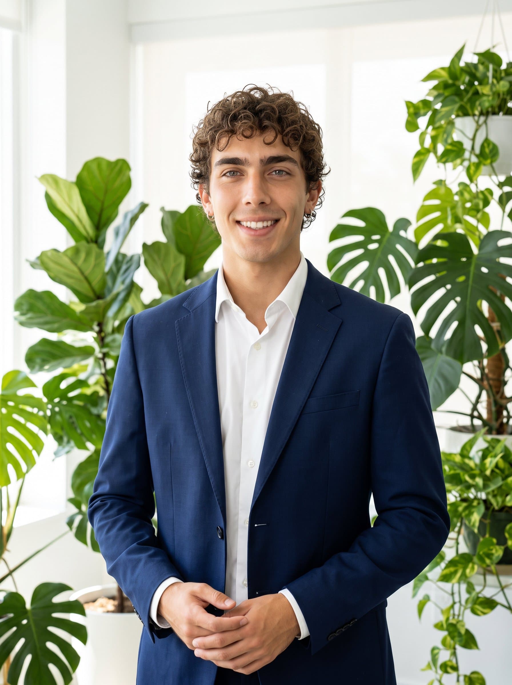 Compose a featuring a marketing professional with indoor plants in the background. Use natural lighting to bring out their lively personality while maintaining a polished and professional image for LinkedIn.