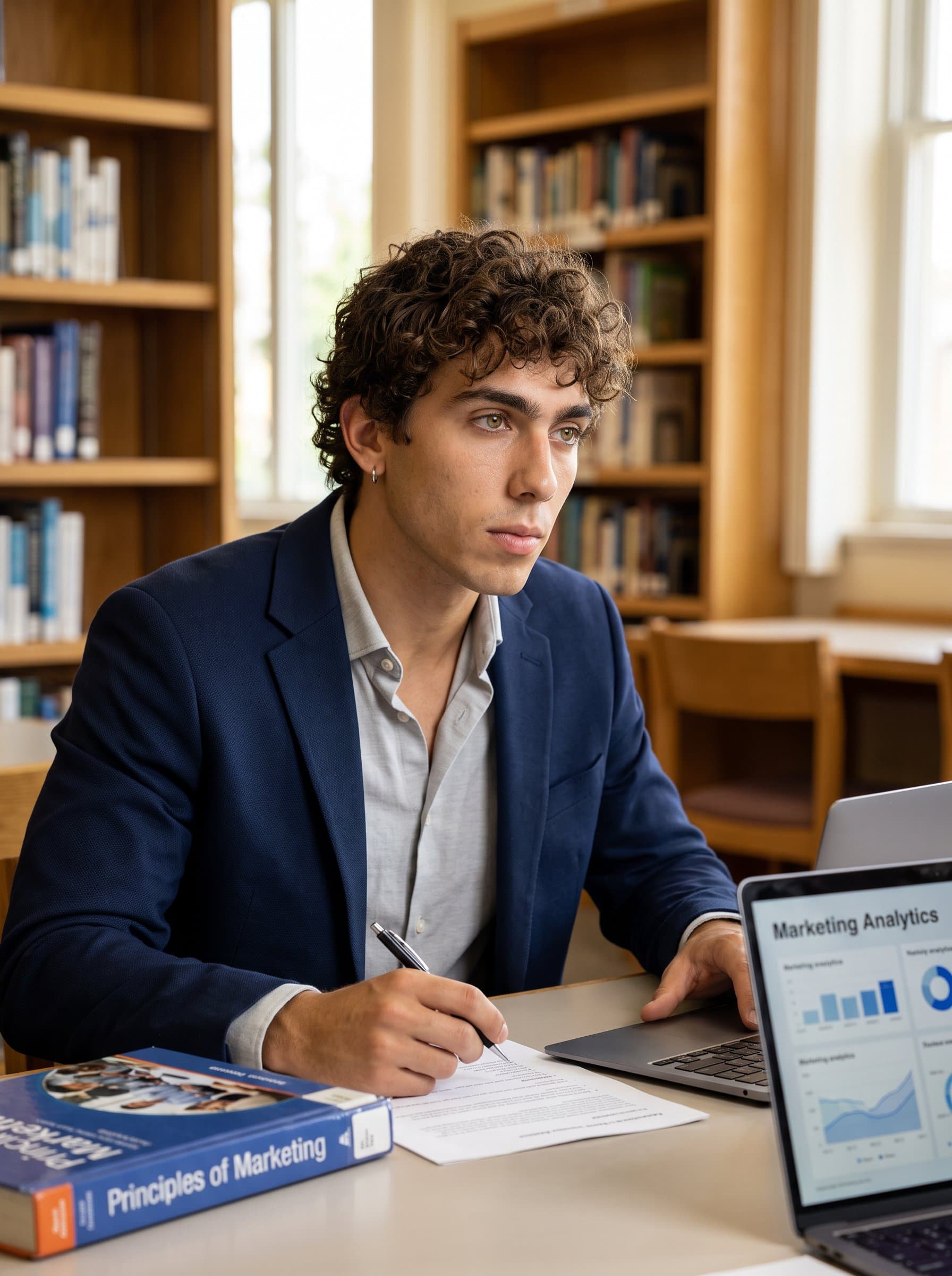 Create a highlighting a marketing professional in a library setting. Focus on their thoughtful and analytical expression, using gentle lighting to emphasize professionalism and intellectual curiosity, ideal for professional platforms.