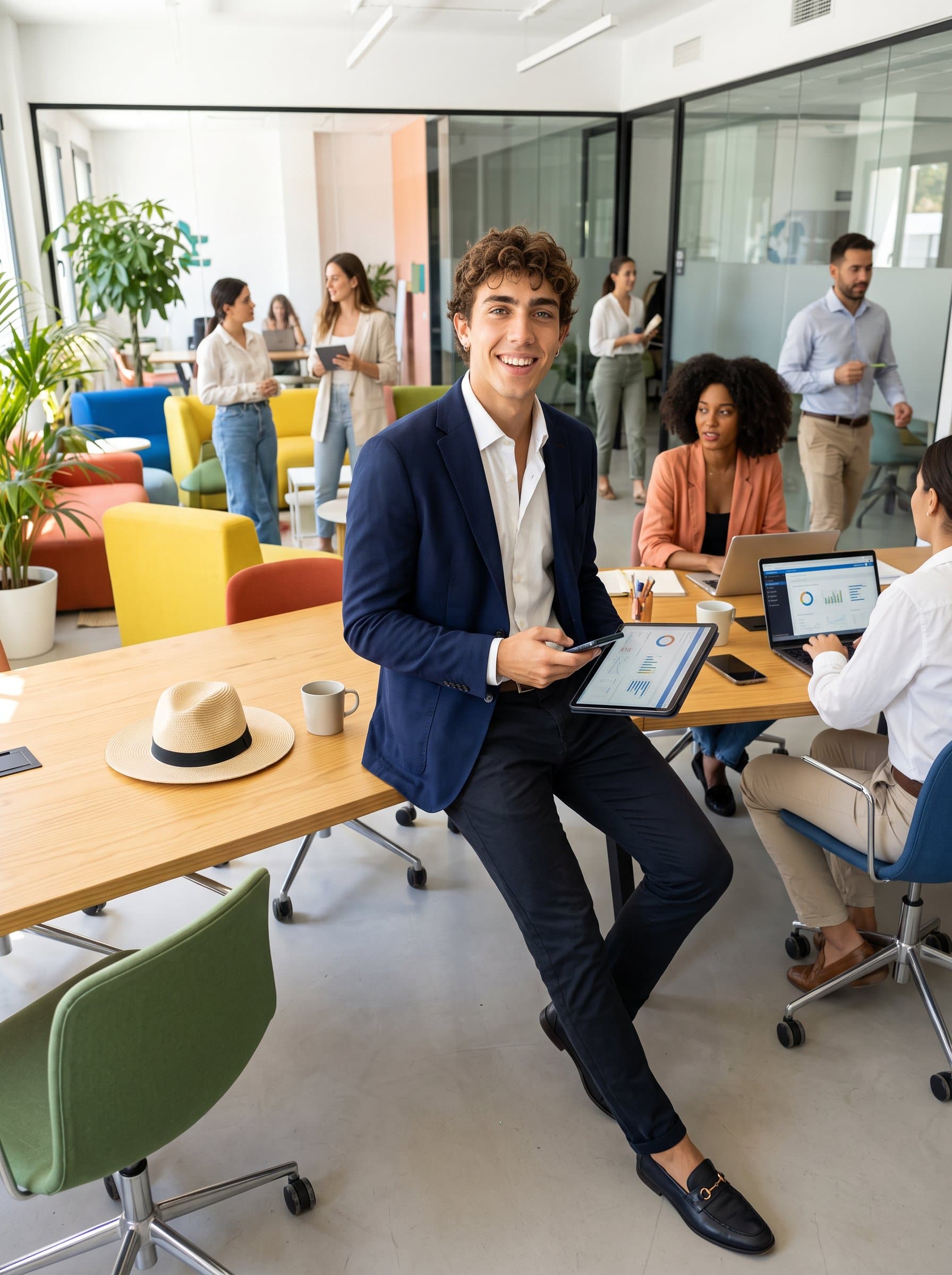 Produce a of a marketing professional in a vibrant co-working area. Highlight their stylish yet professional attire, ensuring a friendly and energetic vibe, ideal for engaging with connections on social media.