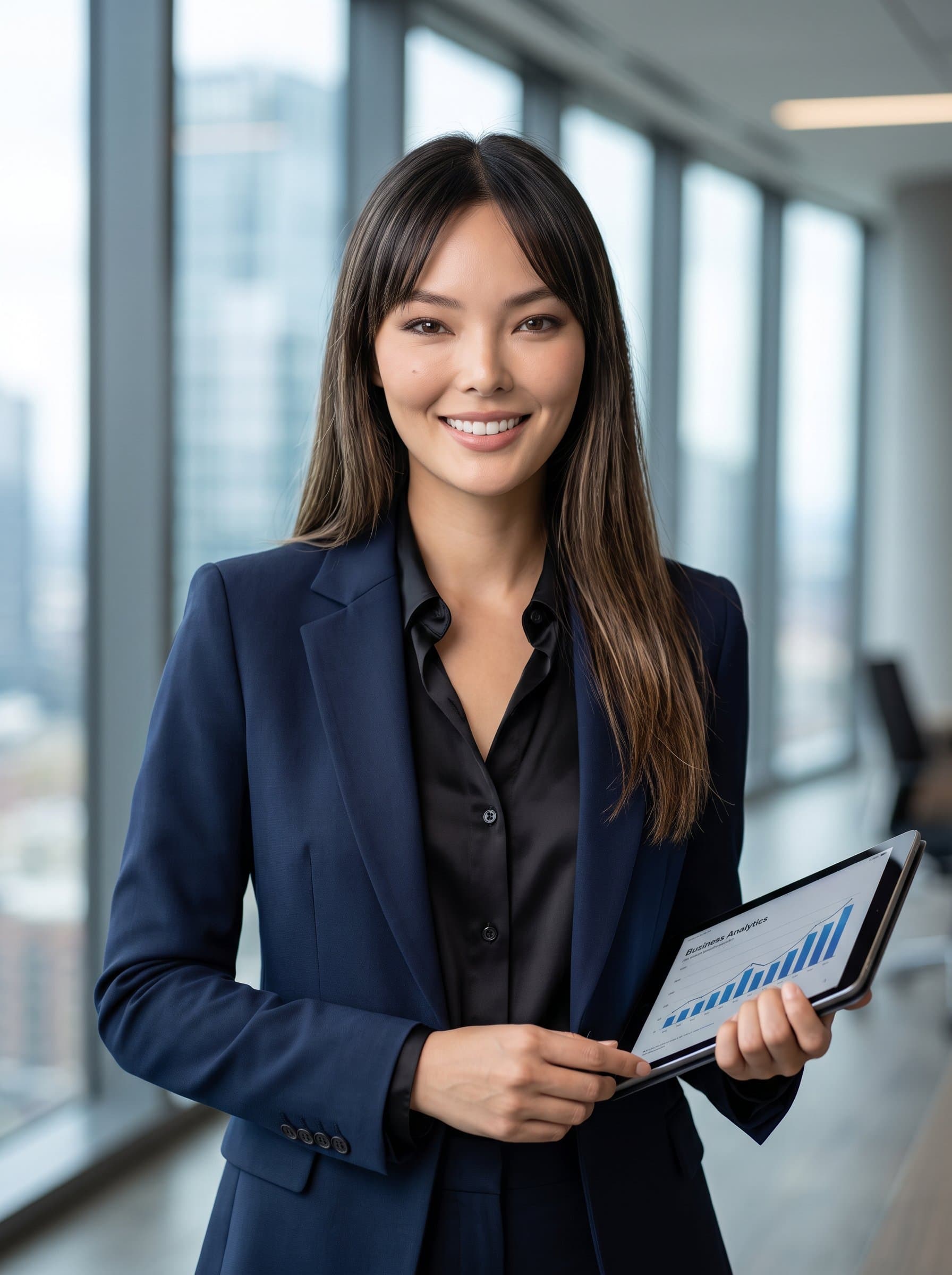 Illustrate a showcasing a marketing expert at an elegant, contemporary interior setting. Focus on their confident expression and modern outfit, creating a headshot that exudes sophistication and approachability for LinkedIn.