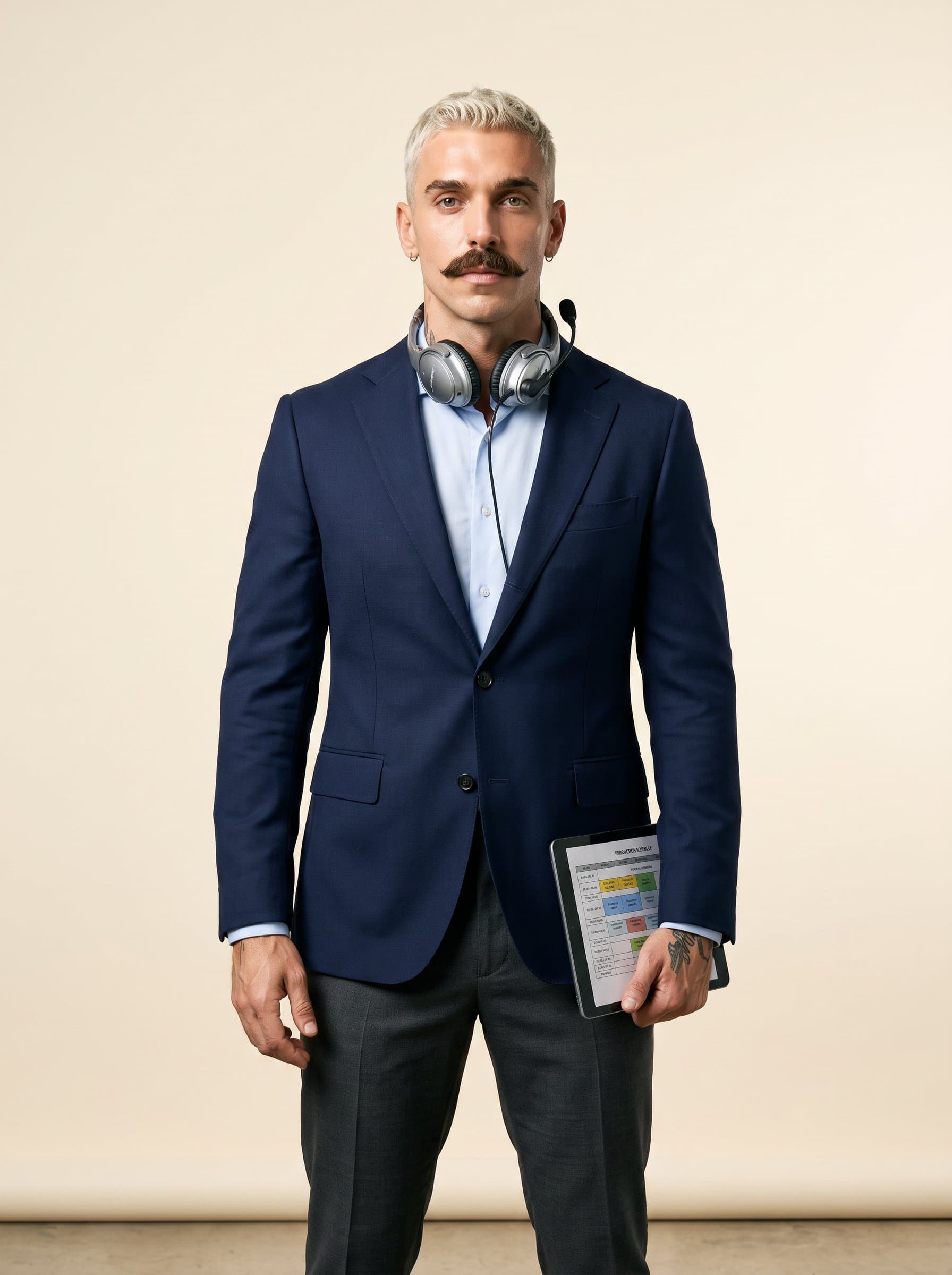 Standing tall, a media producer with a short haircut, in a navy blazer, exudes elegance with highlighting their assured demeanor against a gentle cream backdrop.