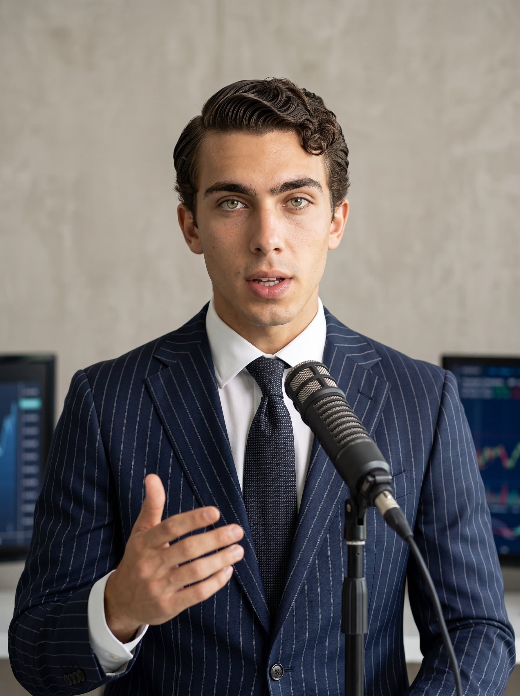 showcases an articulate media analyst with a sleek hairstyle, wearing a subtle pinstripe suit, projecting confidence against a subdued taupe background.