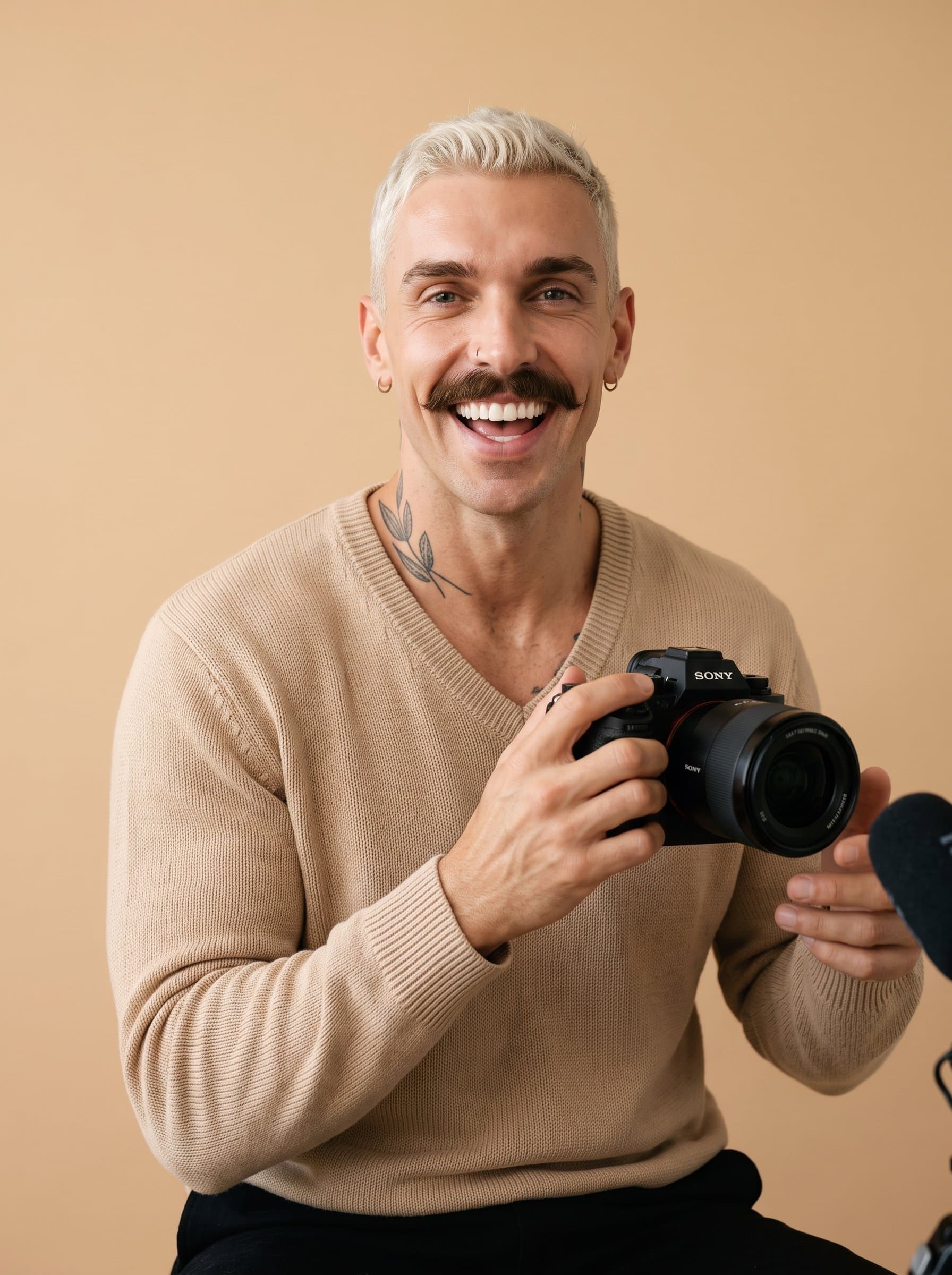 features a media content creator with an enthusiastic smile. Dressed in a simple v-neck sweater, they exude energy against a clean beige background.