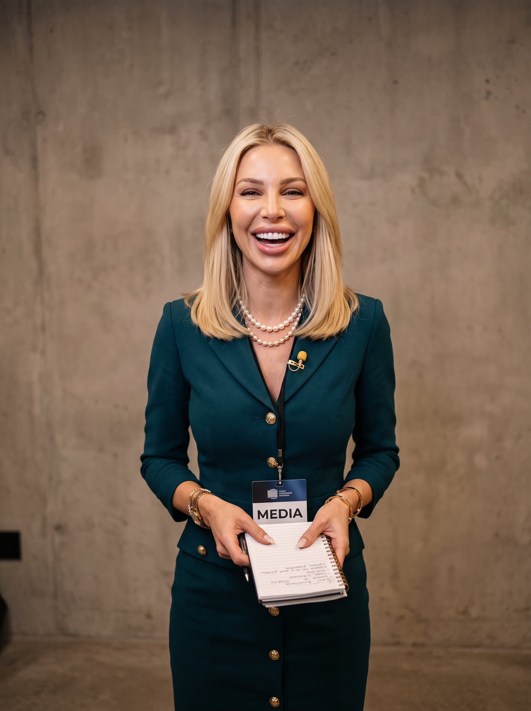 A knowledgeable media correspondent with mid-length hair, wearing a tailored dress. captures their open smile, set against a textured neutral backdrop.