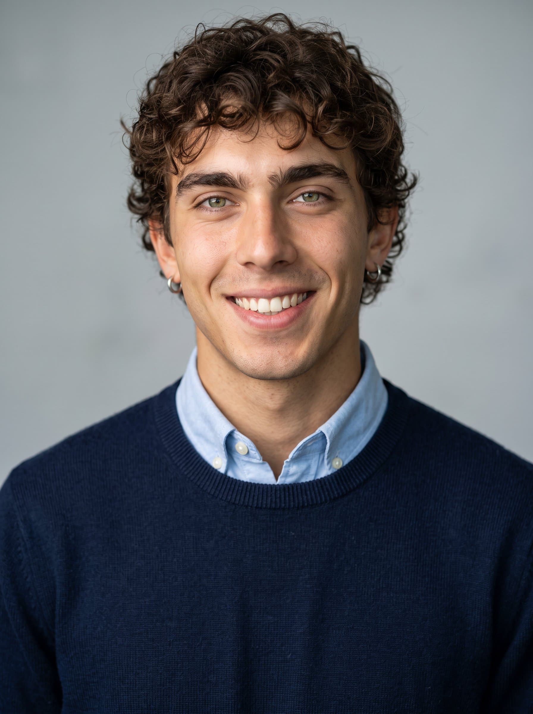 captures a media executive, who has an inviting smile. They wear a soft sweater over a collared shirt, against a light gray backdrop, radiating competence and warmth.
