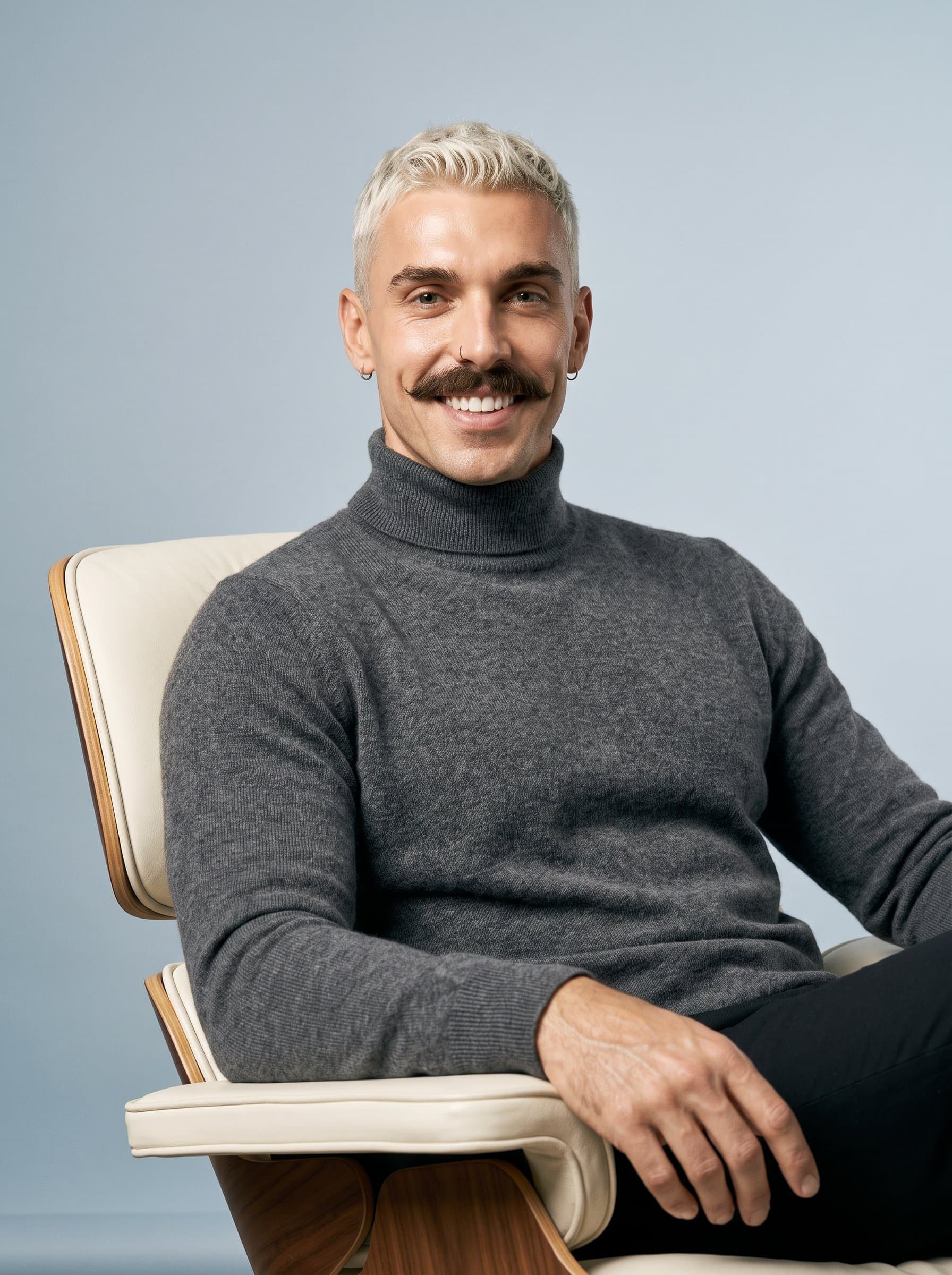 frames an innovative media director, wearing a turtleneck, embodying sophistication and approachability on a plain light-blue background.
