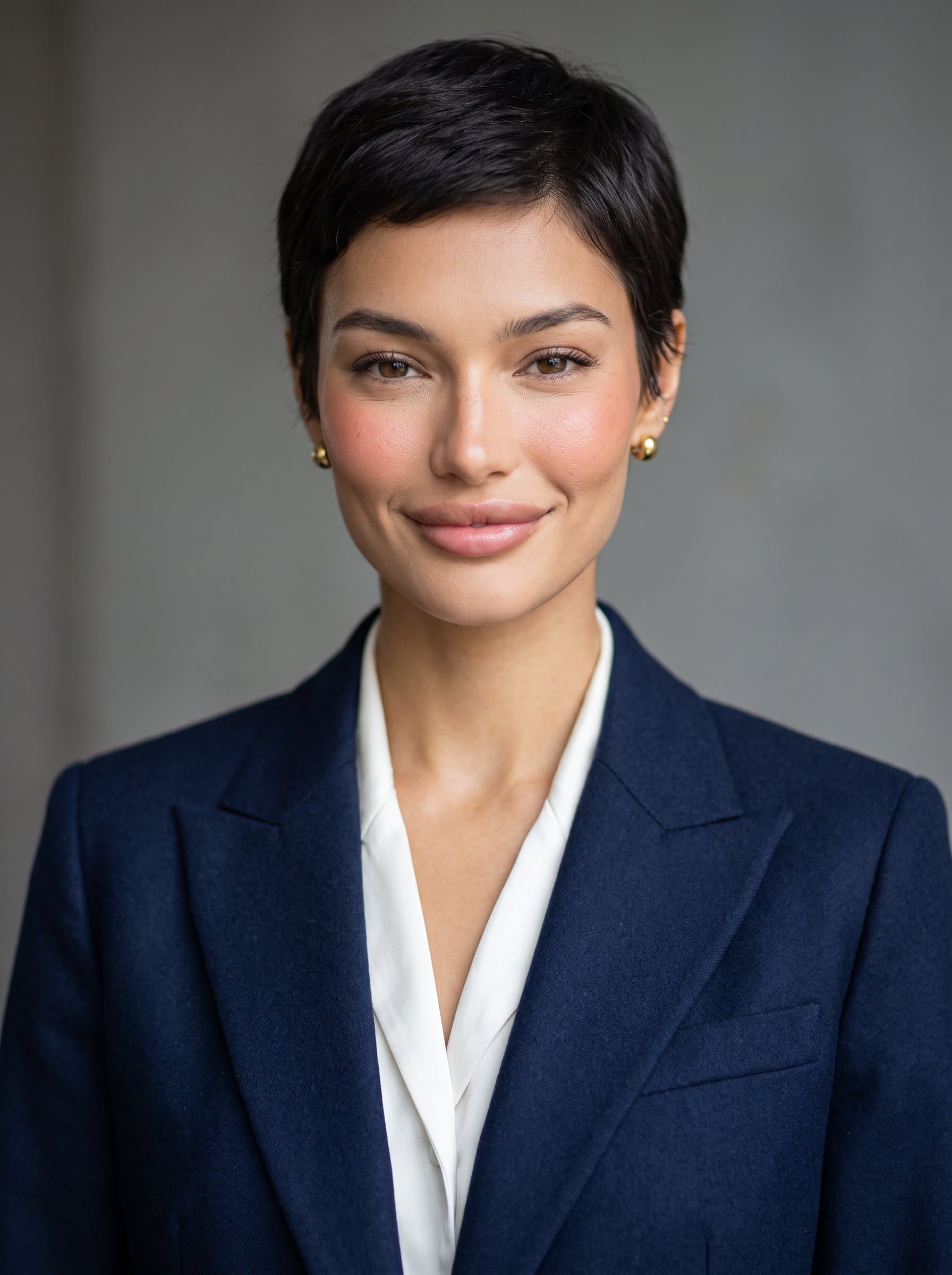 A charismatic media professional with short hair, wearing a tailored blazer and a subtle smile. captures their approachable demeanor against a softly blurred neutral gray background.