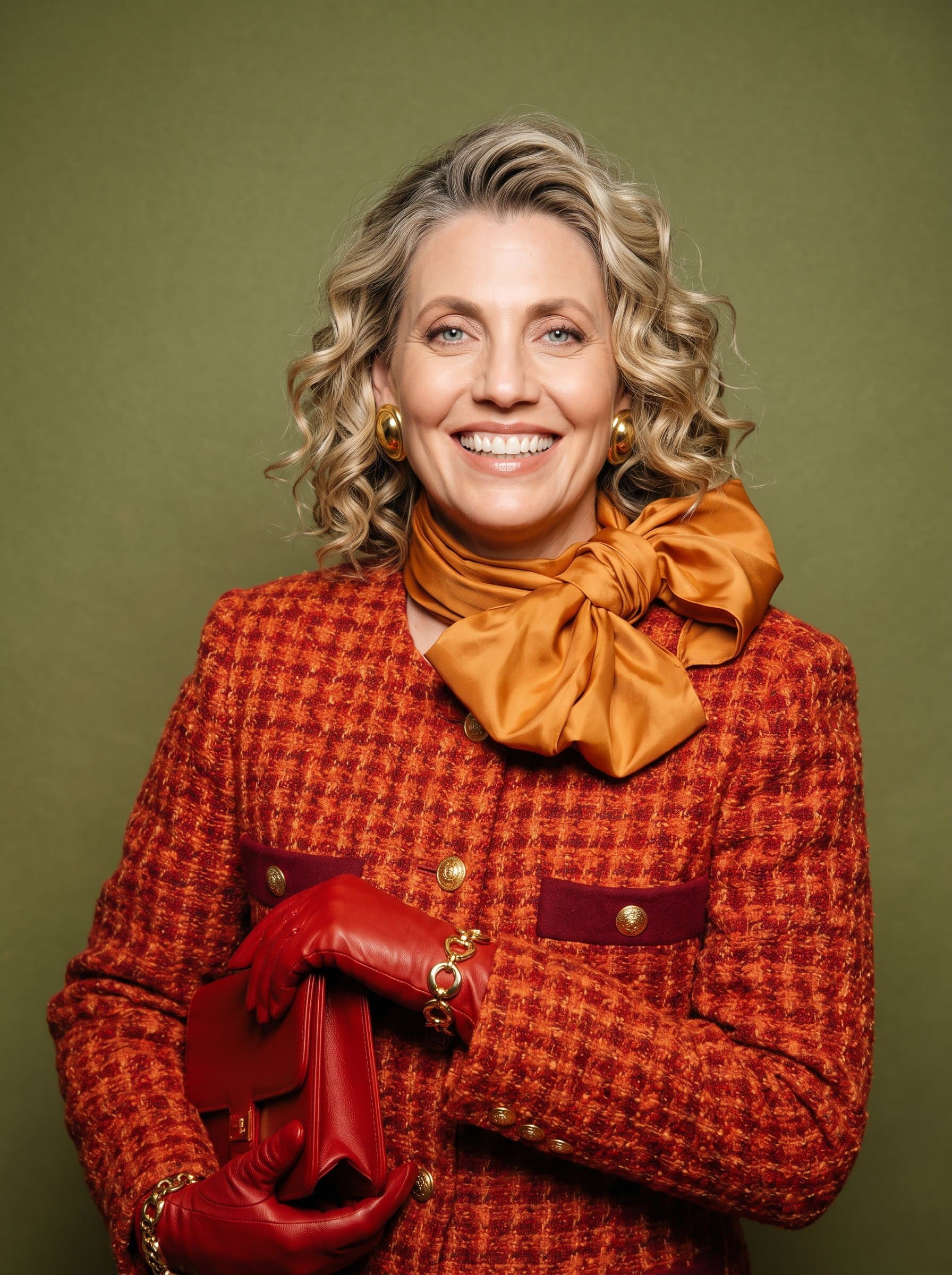 A modern media advisor with loose curls and a bright smile. highlights their engaging personality, set against a simple olive background.