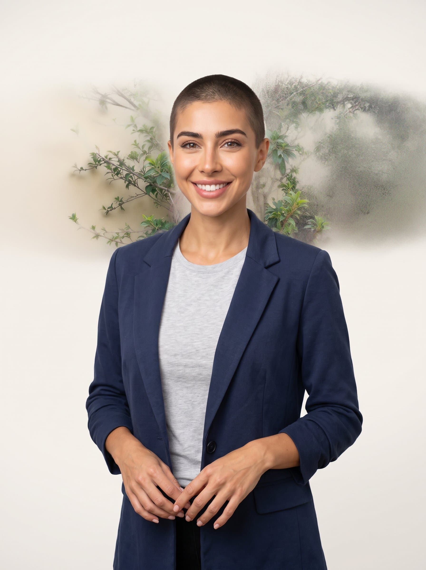 A media relations expert with a buzzcut, in a casual blazer. highlights their trustworthy aura against a seamless off-white backdrop.