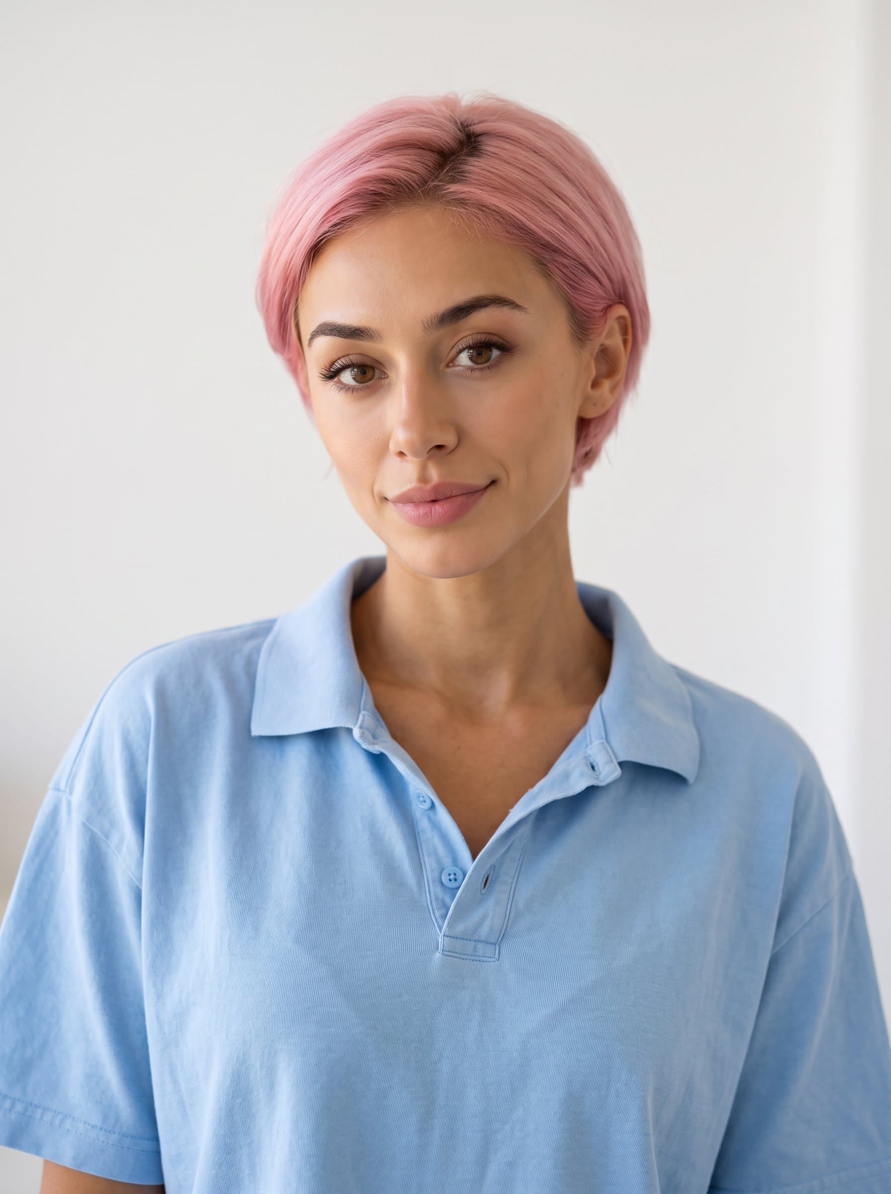 With a subtle grin, a strategic media advisor with cropped hair, wears a relaxed polo. highlights their friendly nature on a soft white background.