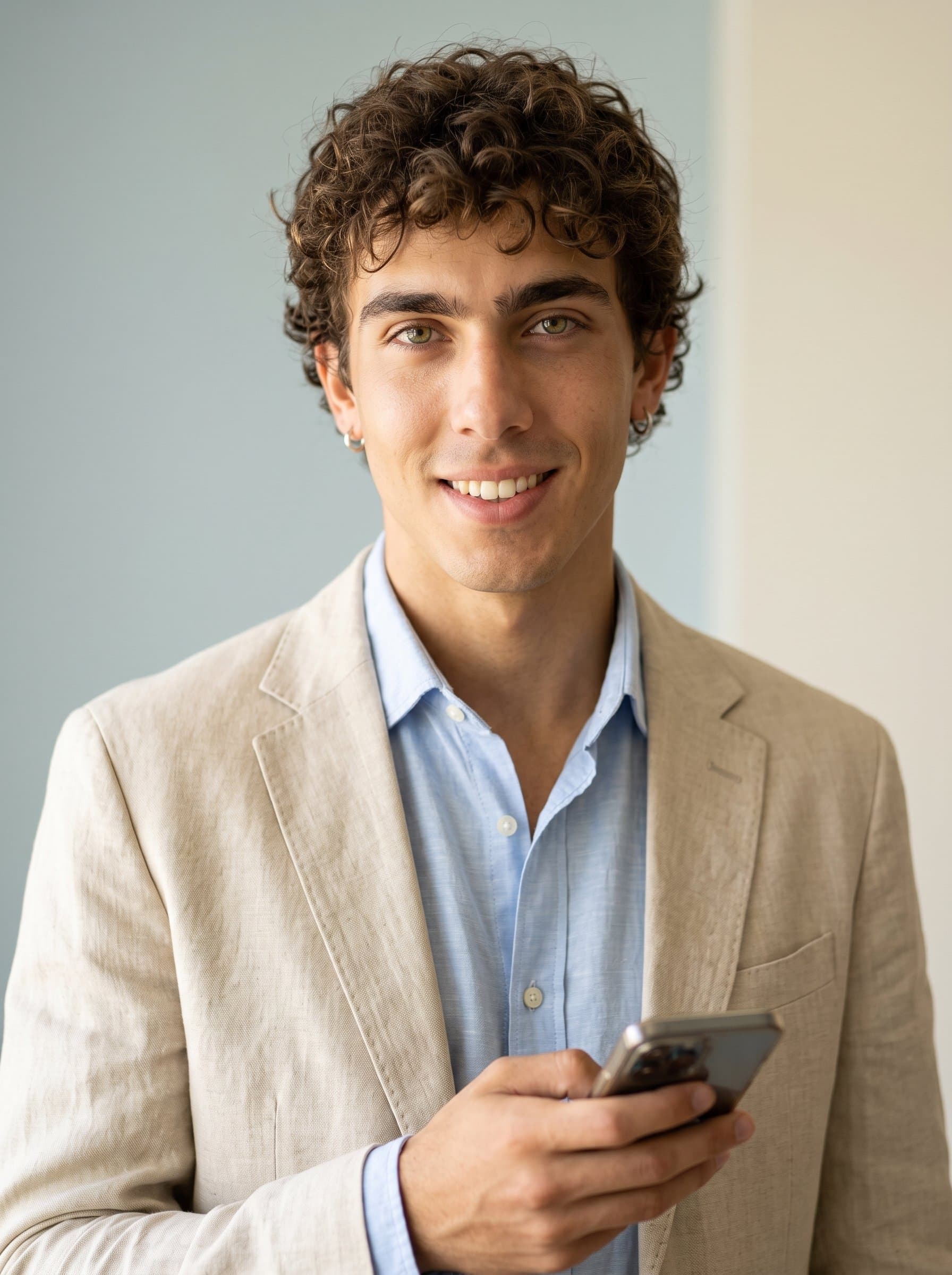 highlights a focused media manager with an inspiring expression. Wearing a light jacket over a shirt, set against a neutral pastel backdrop.