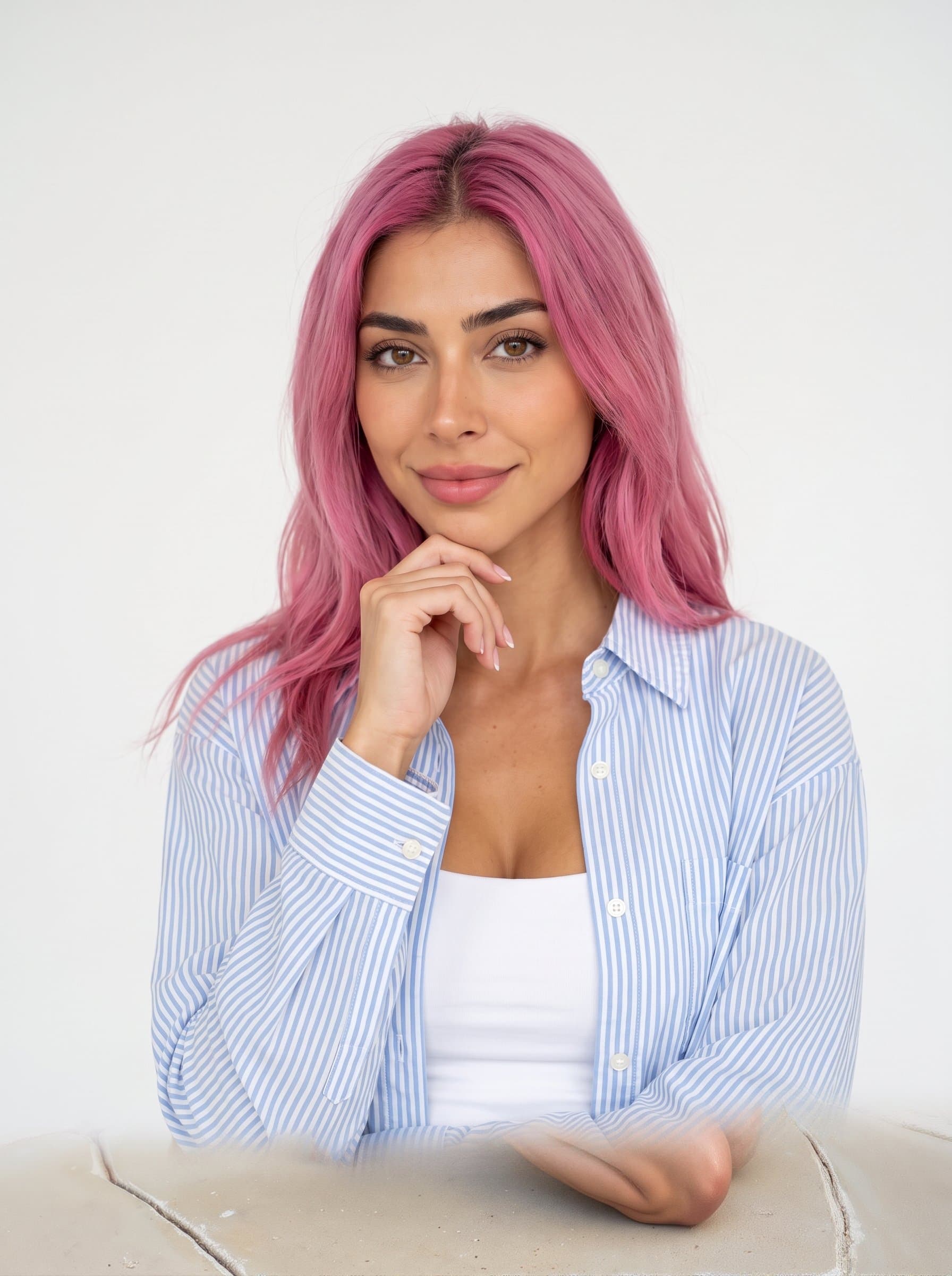 With a thoughtful expression, a creative media lead in a casual button-down shirt is captured in emphasizing their friendly and professional vibe on a plain white background.
