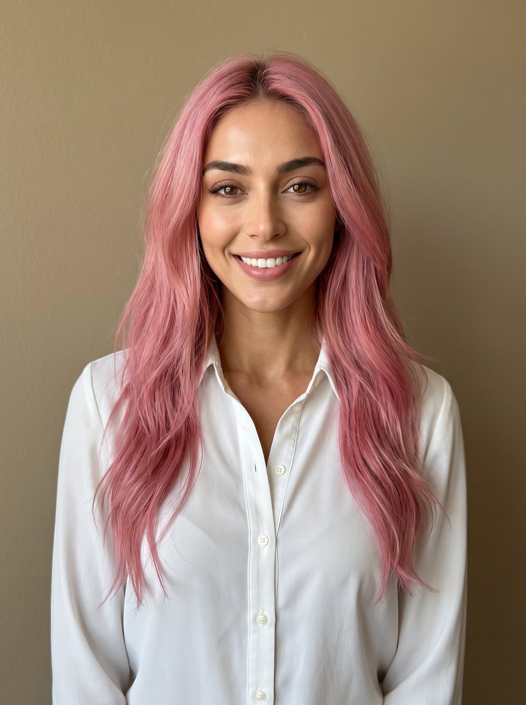 reveals a media expert with long, flowing hair, donning a crisp white blouse. Their genuine smile exudes friendliness amidst a muted tan background.