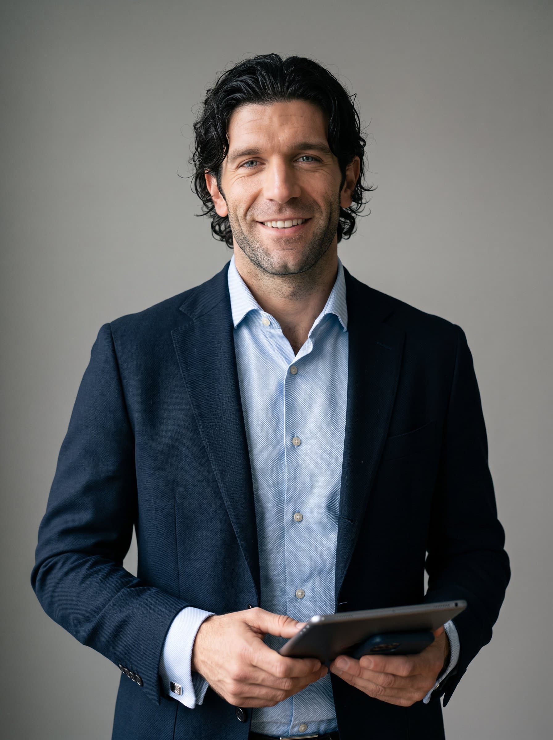 An influential media consultant with a natural look, dressed in formal-casual attire. captures their confident essence against an elegant neutral backdrop.