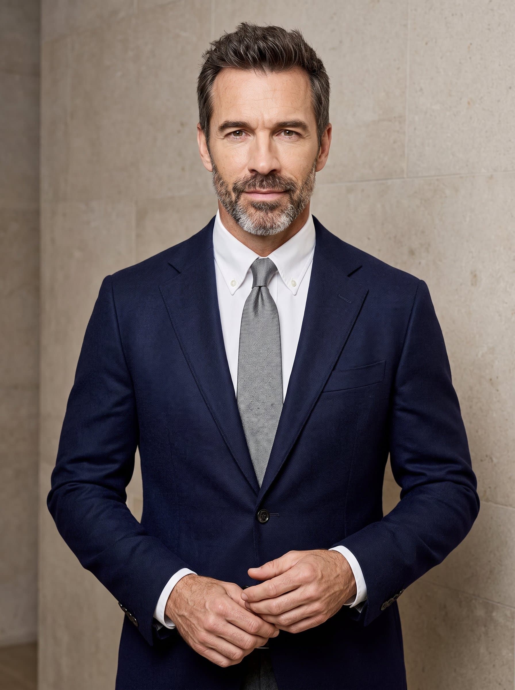 reveals a media trainer in a classic blazer, conveying a sense of calm competence against a neutral stone-colored background.