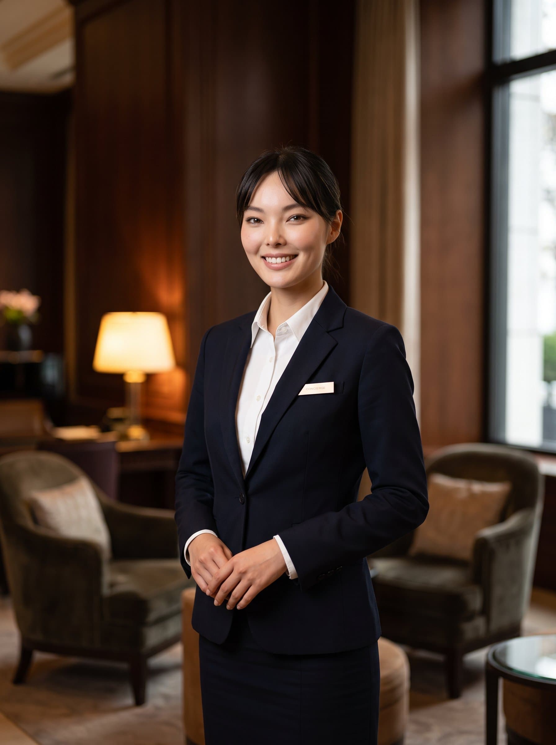 A in formal attire with a friendly smile, standing against a warm, softly lit background. Photorealistic with a focus on a welcoming demeanor, ideal for diverse hospitality professionals aged 25-45, showcasing various ethnicities and genders.