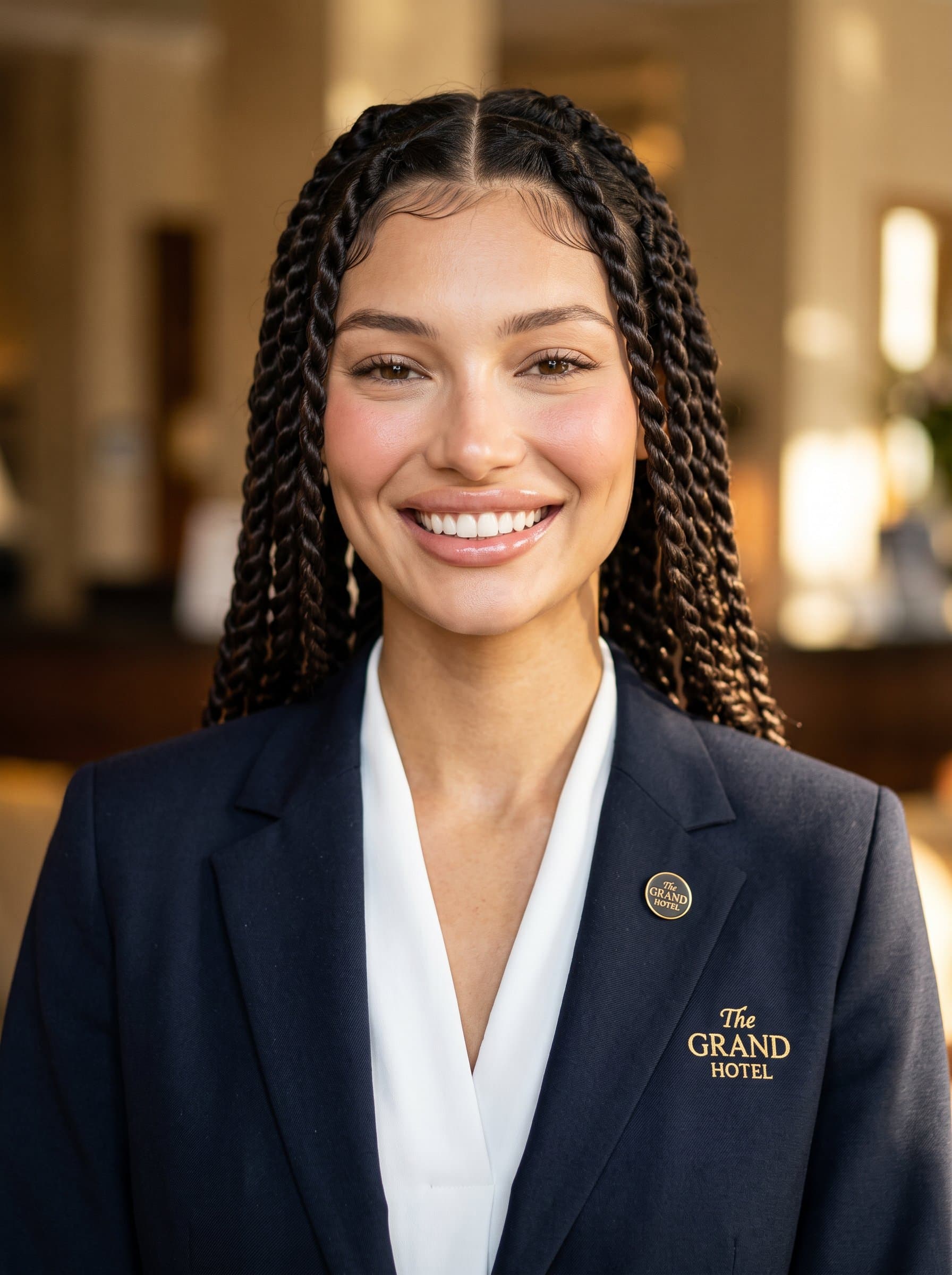A professional captured in formal attire, displaying a broad smile that conveys approachability. The neutral background and warm light accentuate the woman's diverse ethnicity, representing hospitality professionals.