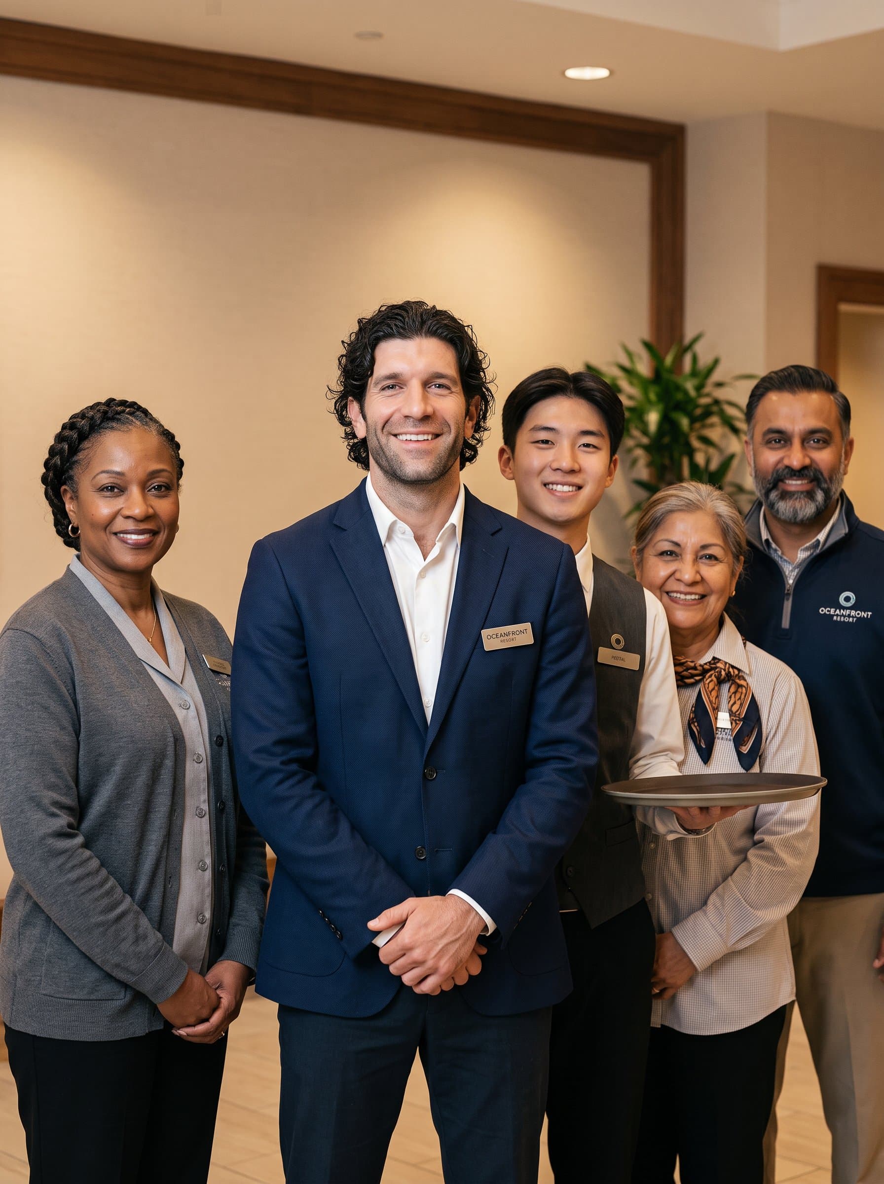 Capture a who embodies the essence of hospitality: a genuine smile, warm lighting, and a neutral background. Highlight diversity in ethnicity and age among adults in the hospitality sector, emphasizing inclusivity.