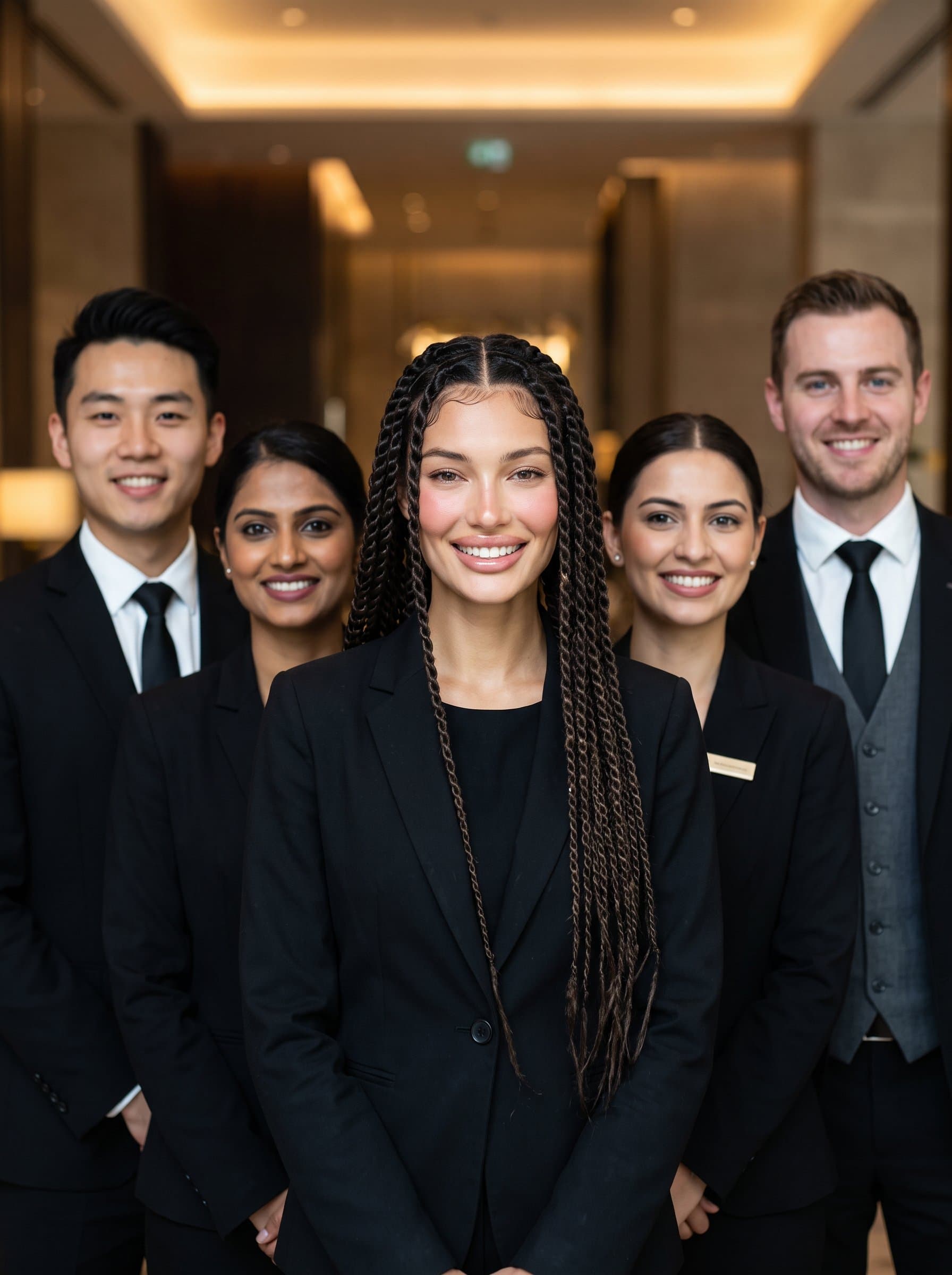 Photograph a in formal hospitality attire, exuding confidence and warmth. The woman is smiling gently, suitable for a professional headshot. Include a mix of ethnicities and genders within the target age range.
