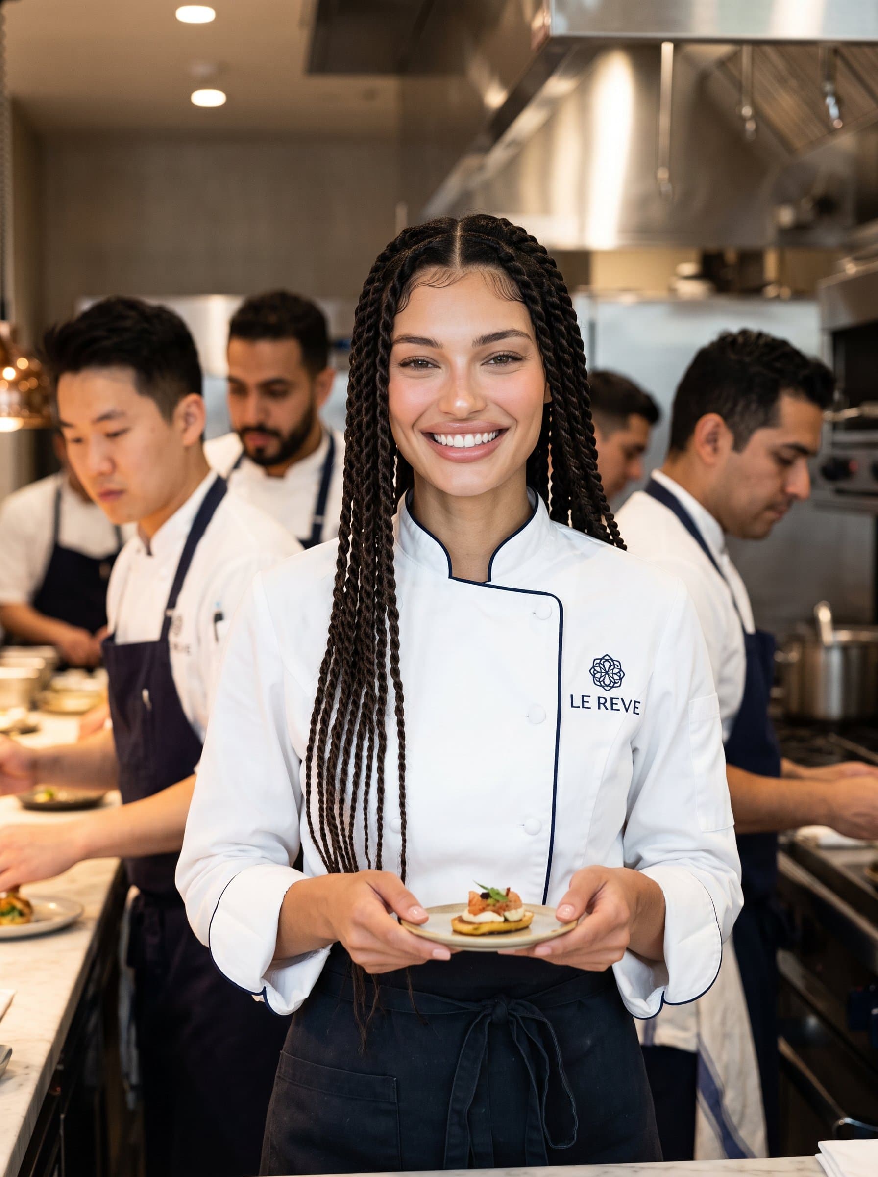 A captivating captured in elegant hospitality attire, radiating warmth and confidence. The inclusive representation is highlighted with a neutral background and diverse ethnicities within the hospitality realm.