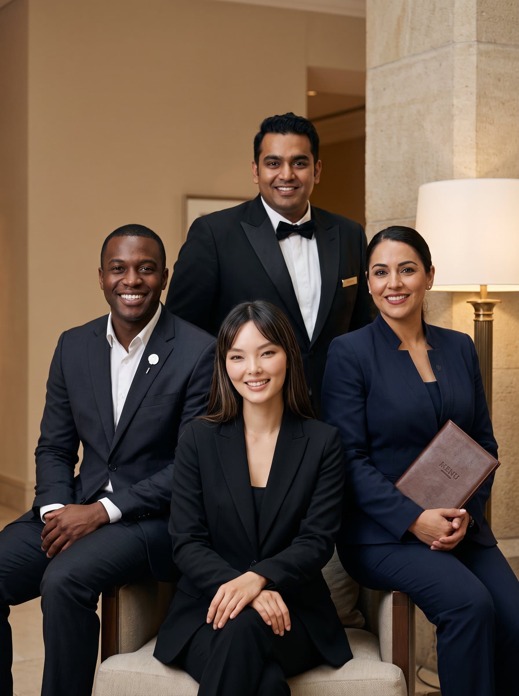 Capture the warmth of a dressed in formal wear, with a neutral background that complements their friendly expression. Focus on diversity and inclusivity within hospitality professions, highlighting different ethnic backgrounds.