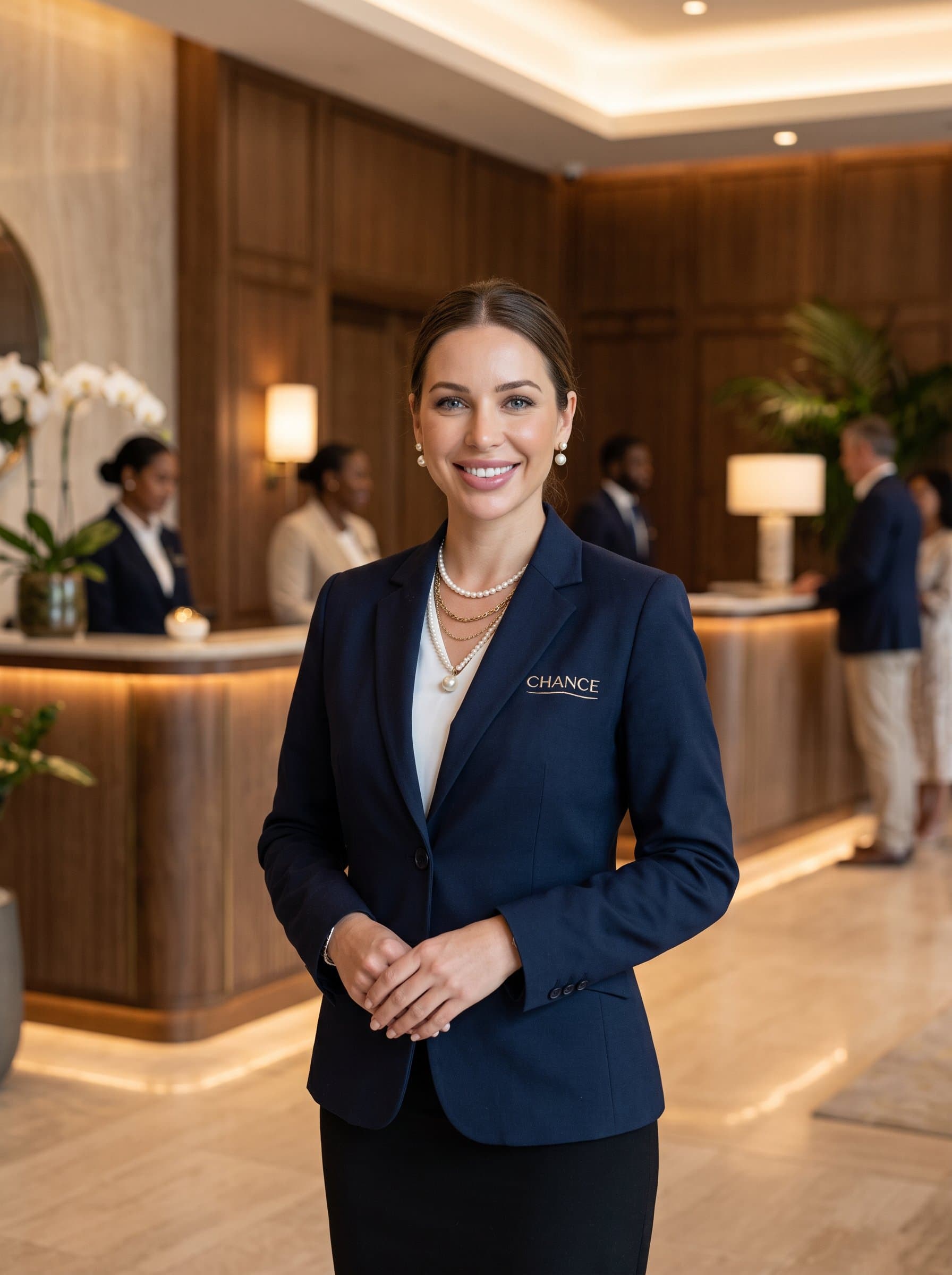 Capture the essence of hospitality with a adorned in formal attire, projecting a warm, approachable demeanor. The neutral background and warm lighting underscore the diverse ethnic and gender representation.