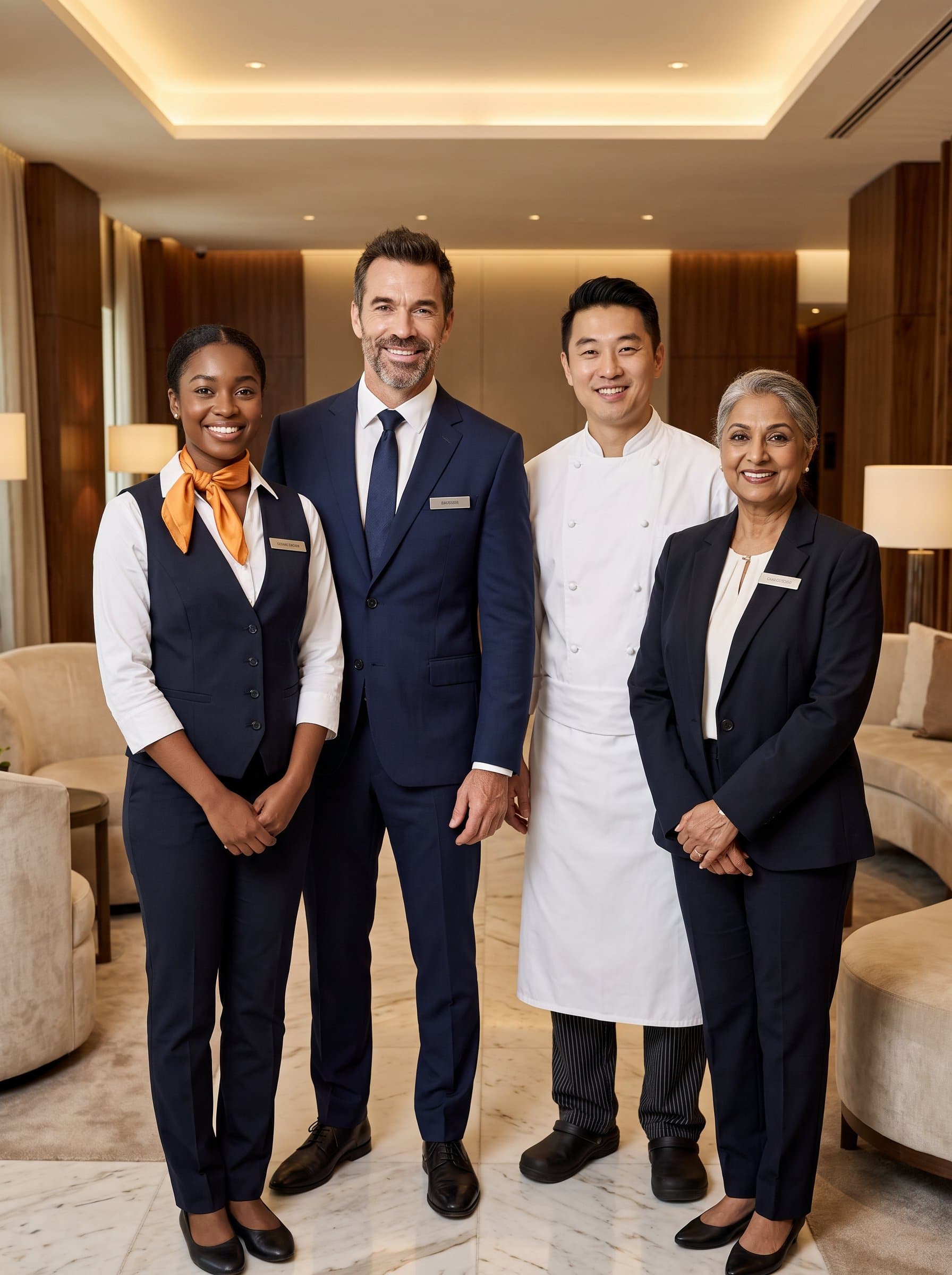 Diverse in immaculate hospitality attire, offering a warm smile. The soft, warm lighting and neutral backdrop enhance the photorealistic quality, representing a blend of ethnicities and ages within the industry.