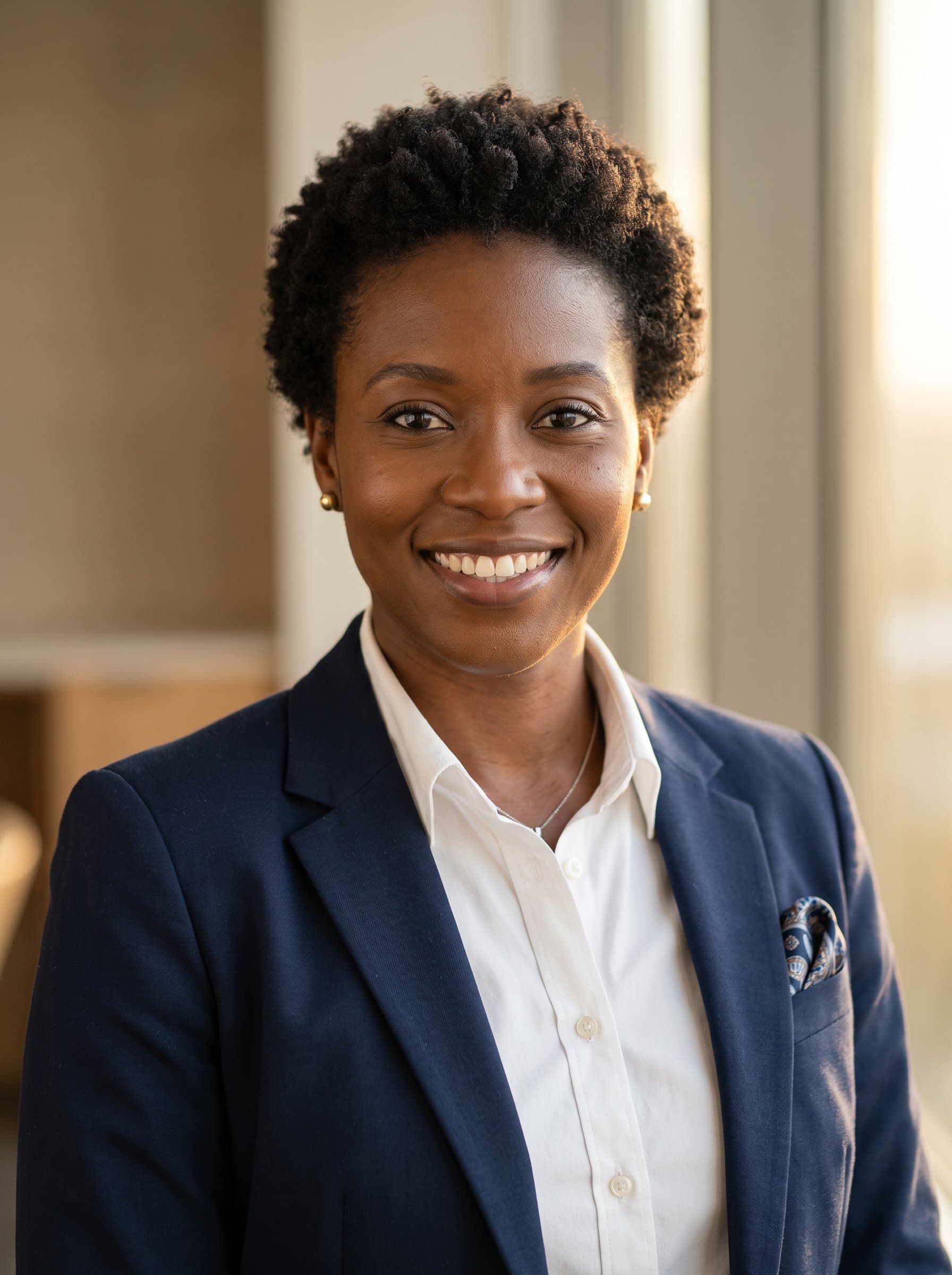 Headshot of a wearing formal attire, with a captivating smile. Use warm lighting and a neutral setting to enhance the photorealistic quality, focusing on diversity in ethnicity and gender.