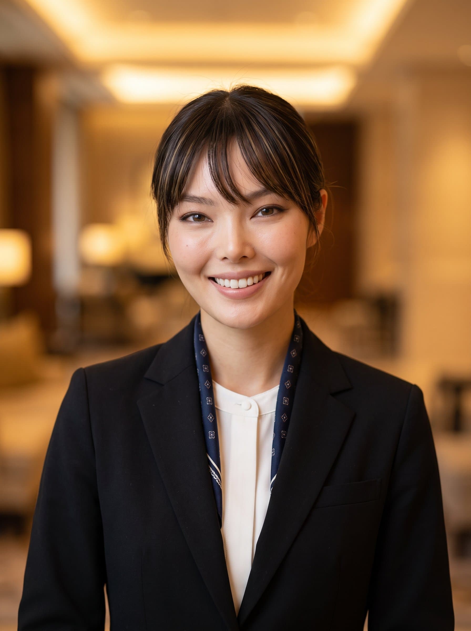 Photorealistic headshot featuring a warm smile and formal attire, ideal for hospitality professionals. The neutral background and warm lighting enhance the diverse representation of ethnicities and ages.