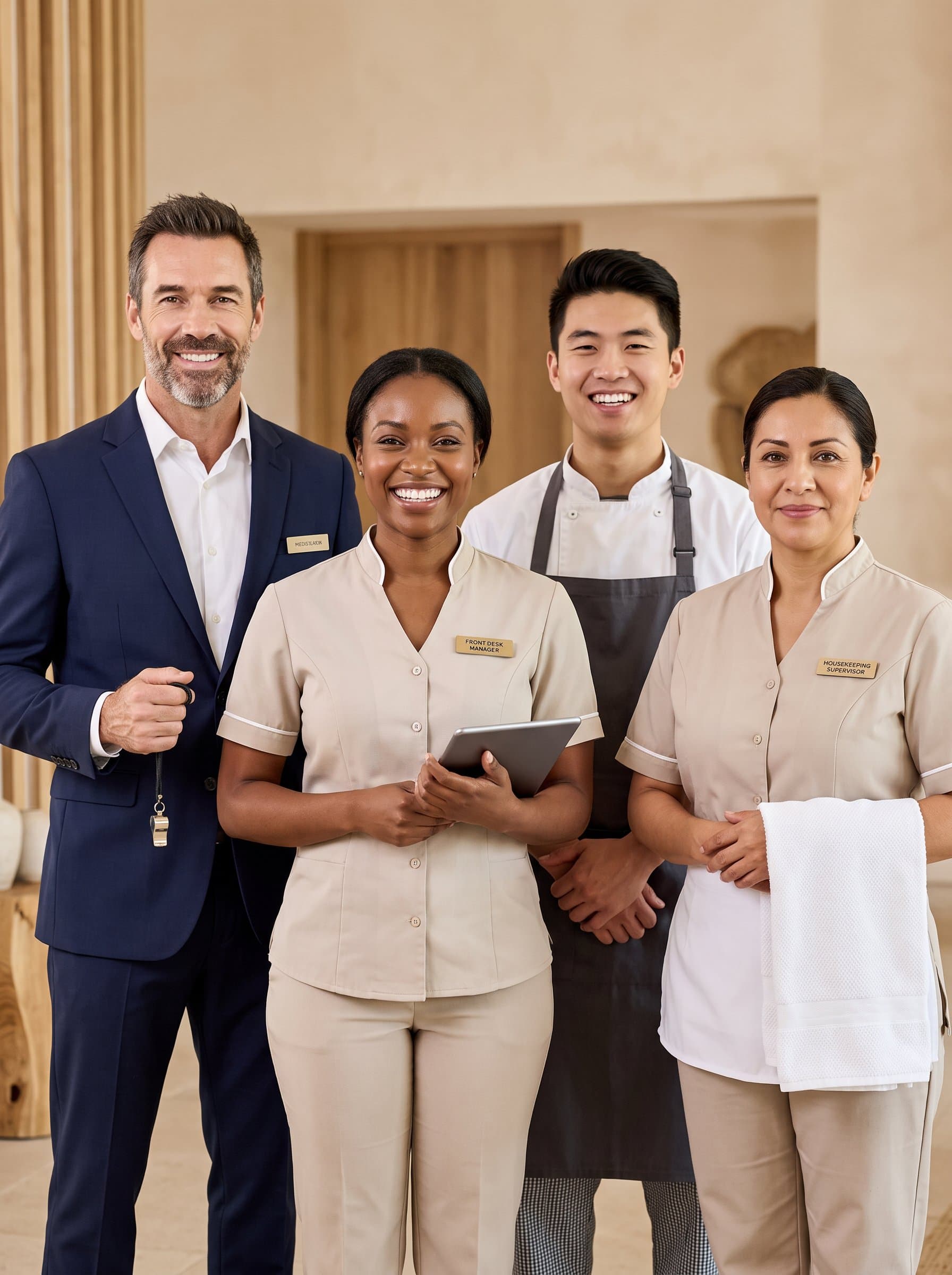 A in professional attire, set against a soft, neutral backdrop, displaying a welcoming smile. The photorealistic portrayal emphasizes diversity in ethnicity and gender within the hospitality sector.