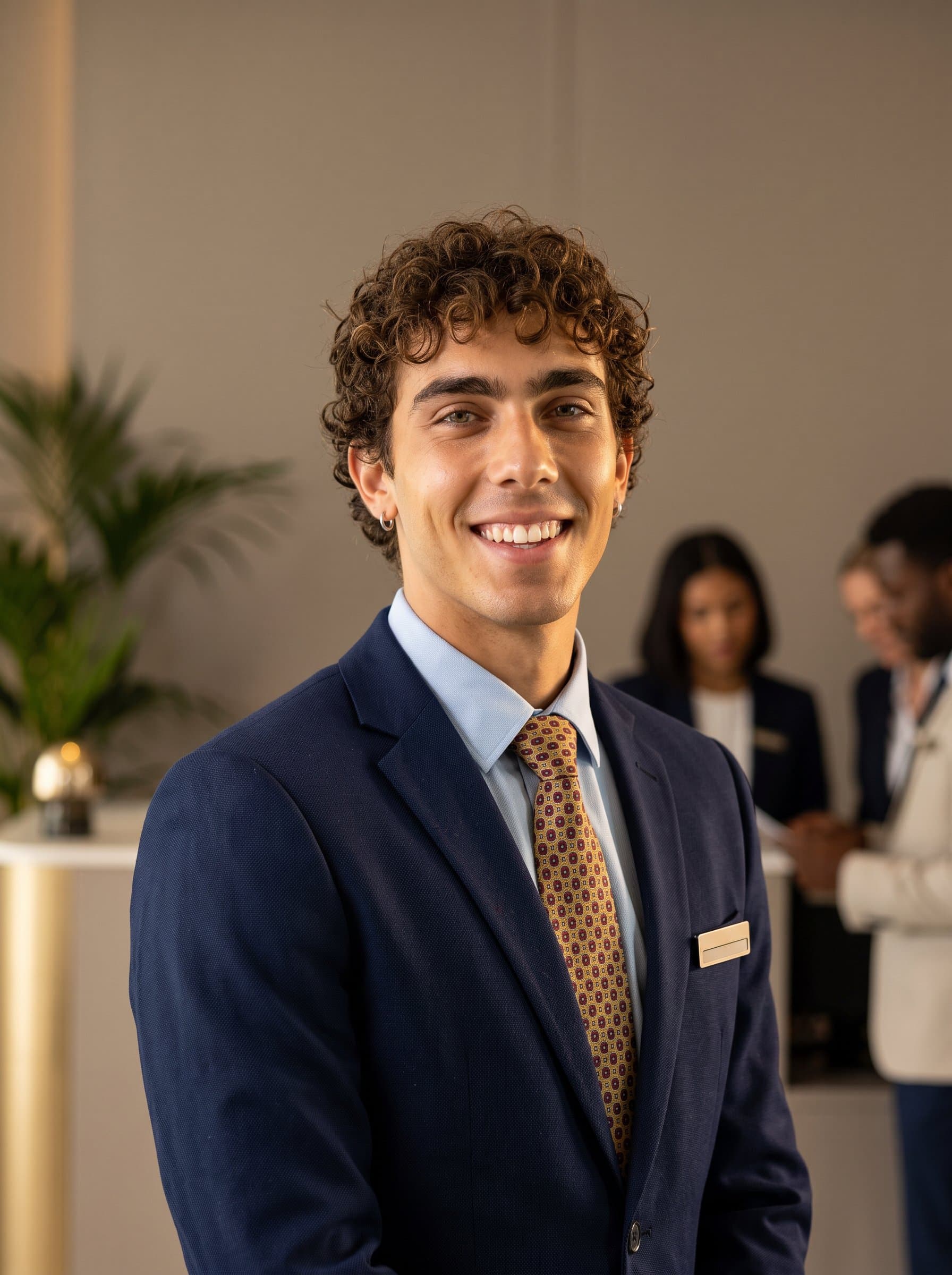 Showcase a 's friendly nature in a formal headshot, with warm lighting highlighting diverse skin tones and a neutral backdrop enhancing inclusivity in the hospitality industry.