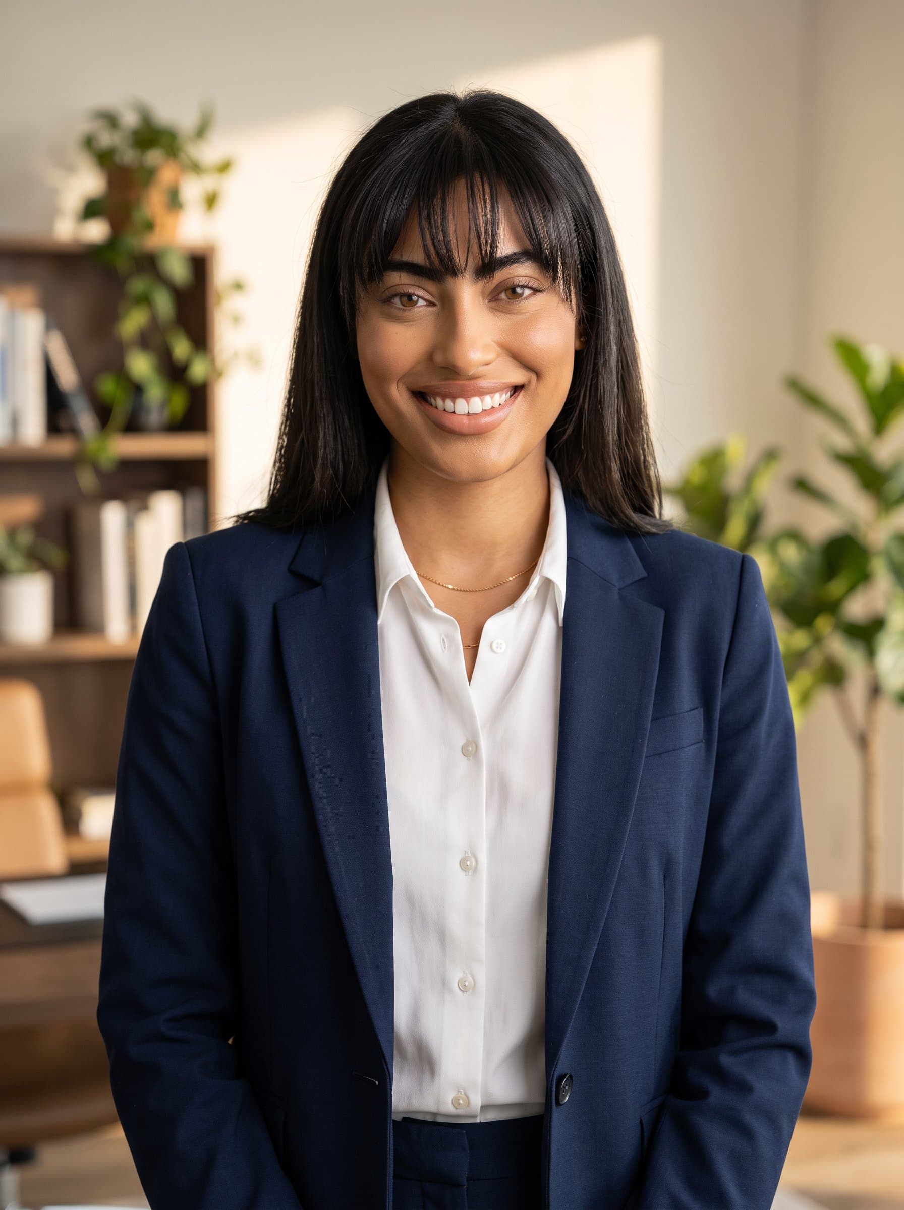 A photorealistic capture of a dressed in professional attire, with a radiant, welcoming smile. The warm lighting and neutral background emphasize the diverse ethnic and gender representation.
