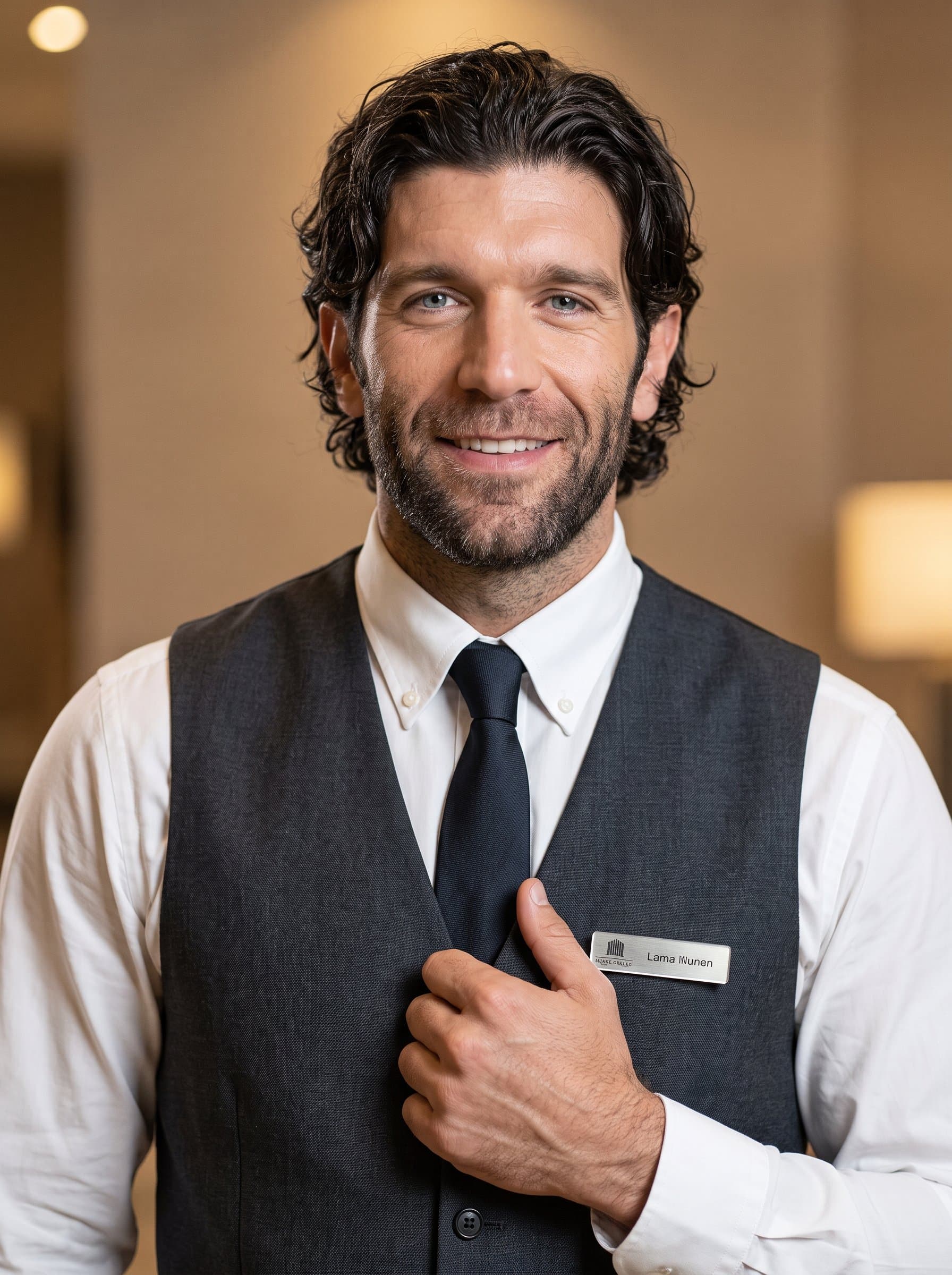 Depict a in hospitality attire, exuding confidence and warmth. The neutral backdrop and warm lighting enhance the inclusive representation of different ethnicities and genders within the profession.