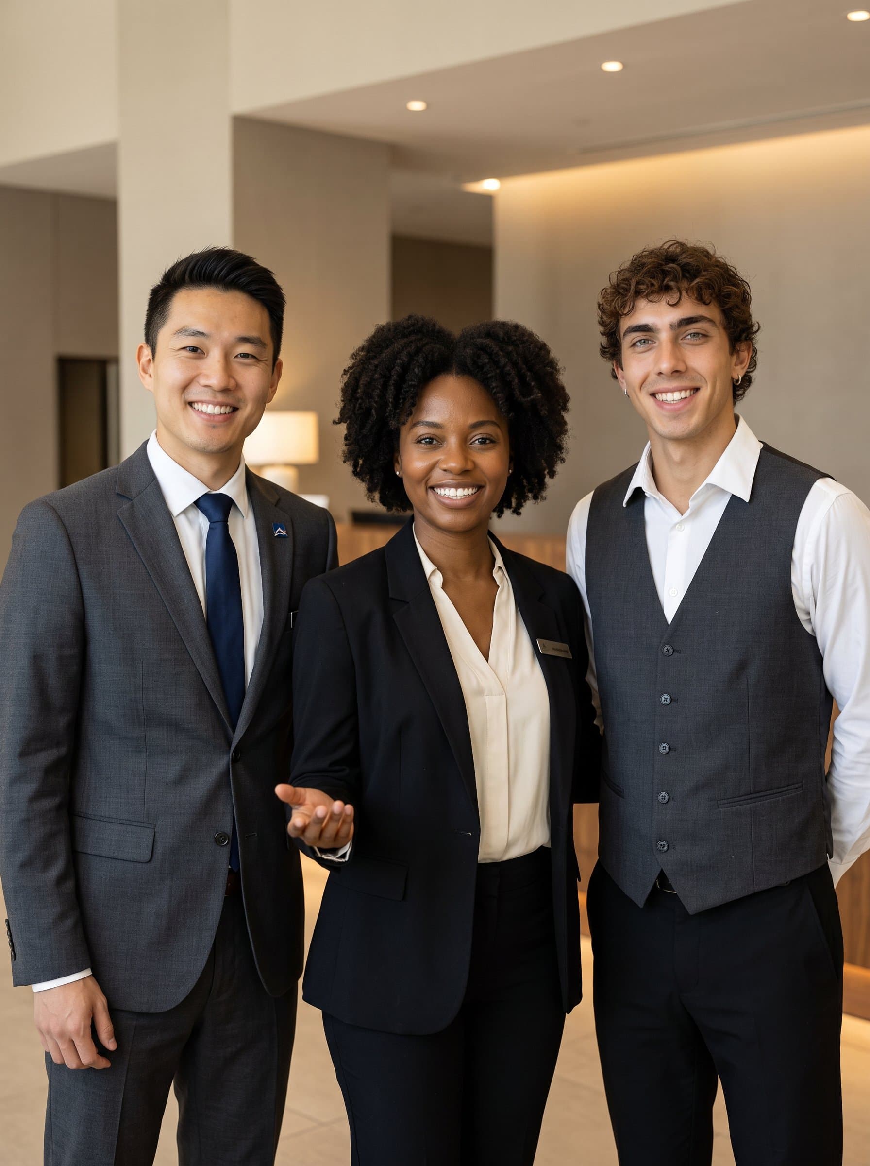 A diverse in professional hospitality attire, exuding warmth and a welcoming demeanor. The neutral background and soft, warm lighting highlight the inclusive nature of the hospitality industry.