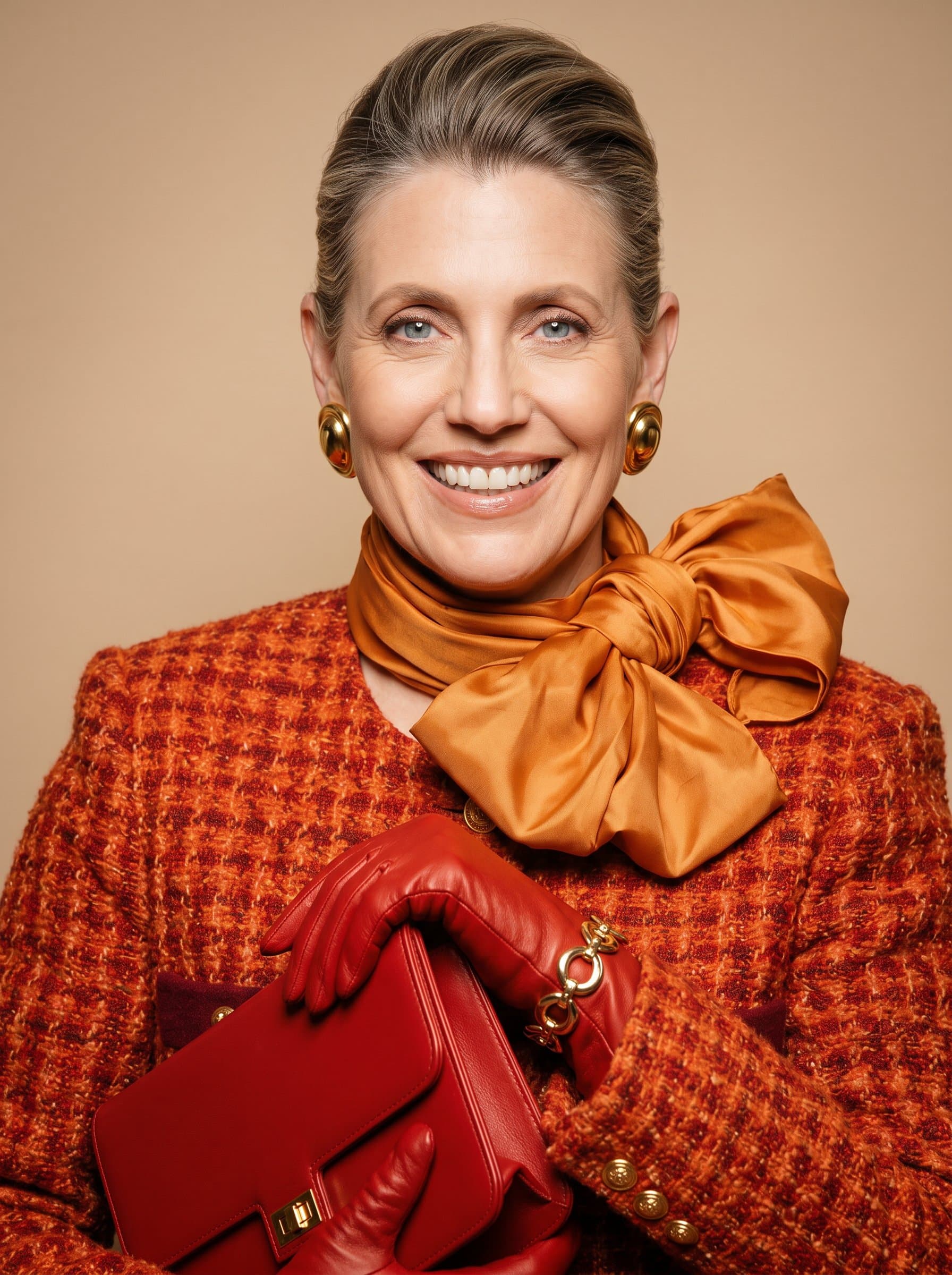 Feature a in a formal headshot, showcasing a genuine smile, set against a warm, neutral background. The photorealistic quality emphasizes diversity in ethnicity and gender for hospitality professionals.
