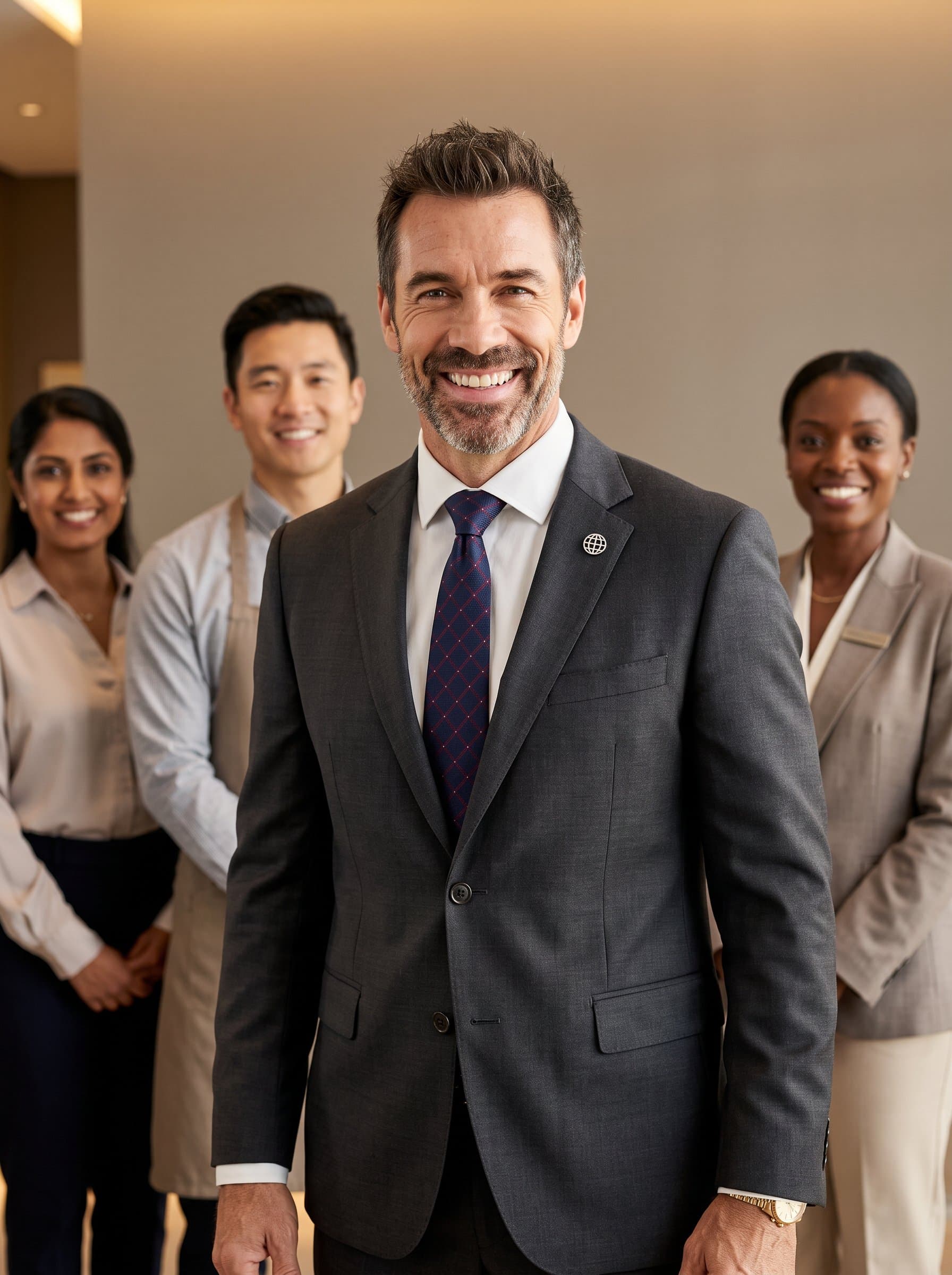 Highlight a 's radiant smile, dressed in formal hospitality wear. The composition focuses on diversity, set against a neutral background with warm lighting, symbolizing inclusivity in the hospitality field.