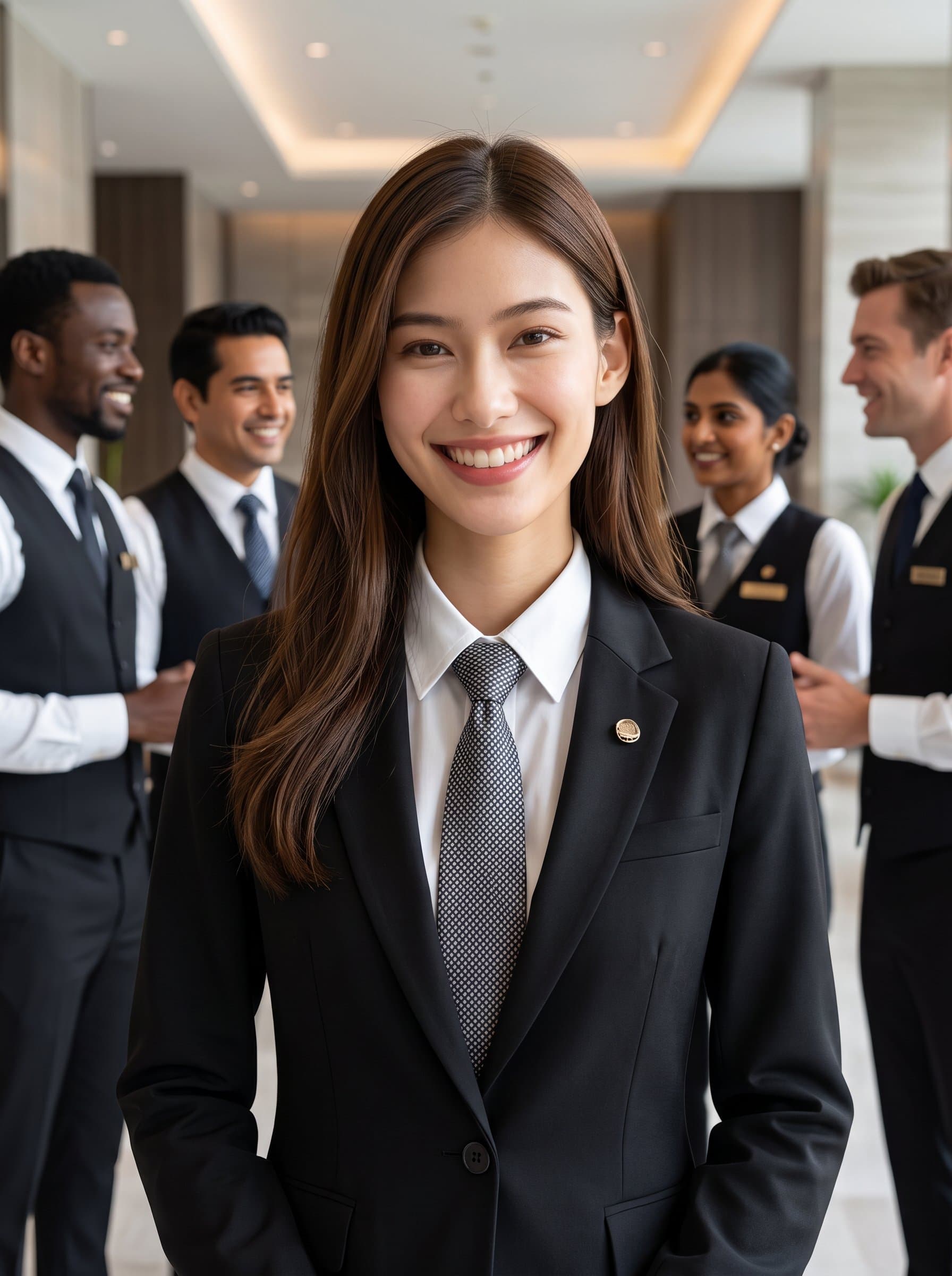 A in professional hospitality attire, exuding warmth and friendliness through their smile. The neutral background and diverse representation of ethnicities emphasize the inclusive nature of the hospitality profession.