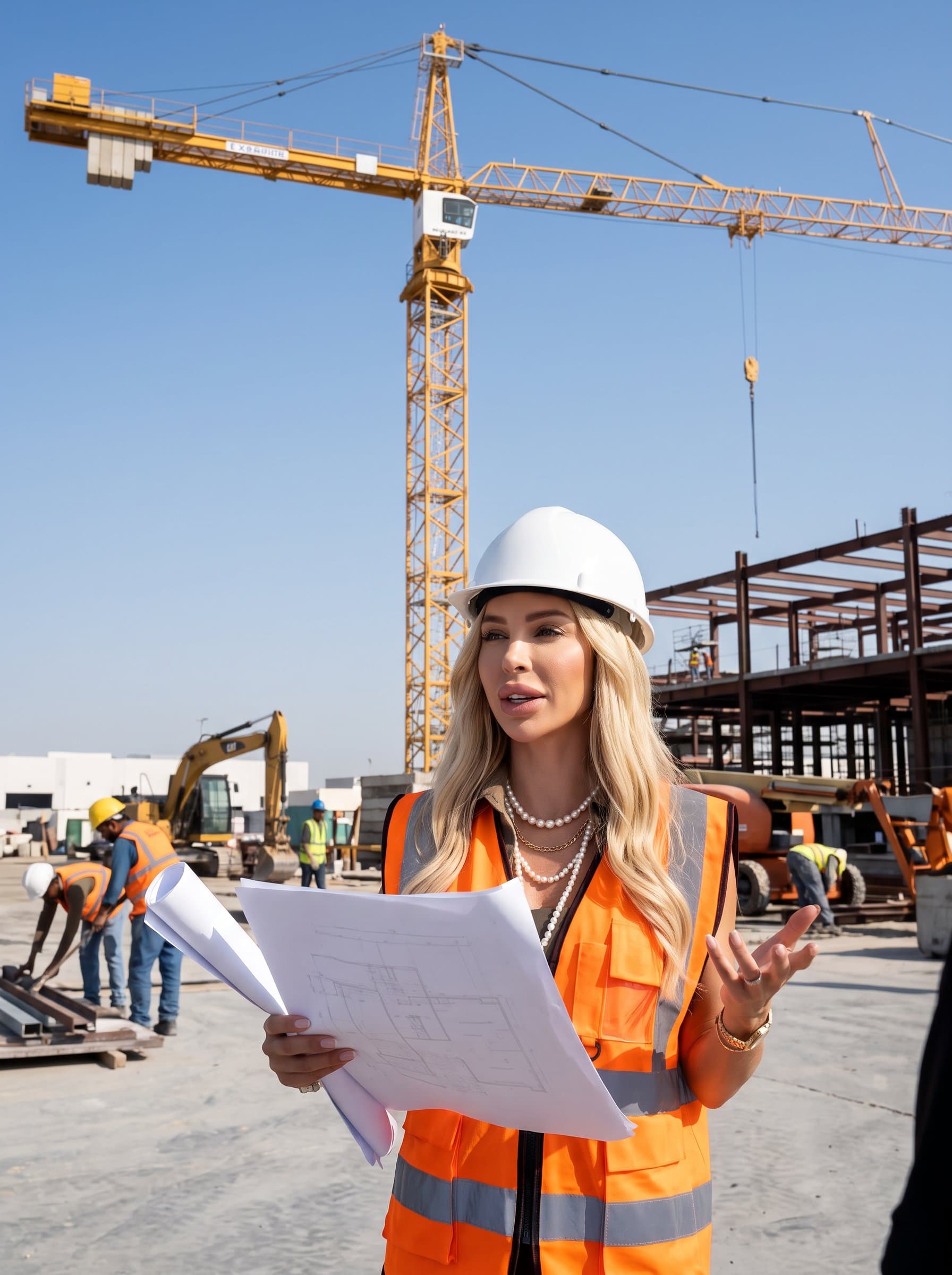 : Capture a construction expert, wearing a hard hat and safety vest, confidently standing in front of a crane, with blueprints in hand, showcasing leadership amidst a bustling construction site under a clear sky.