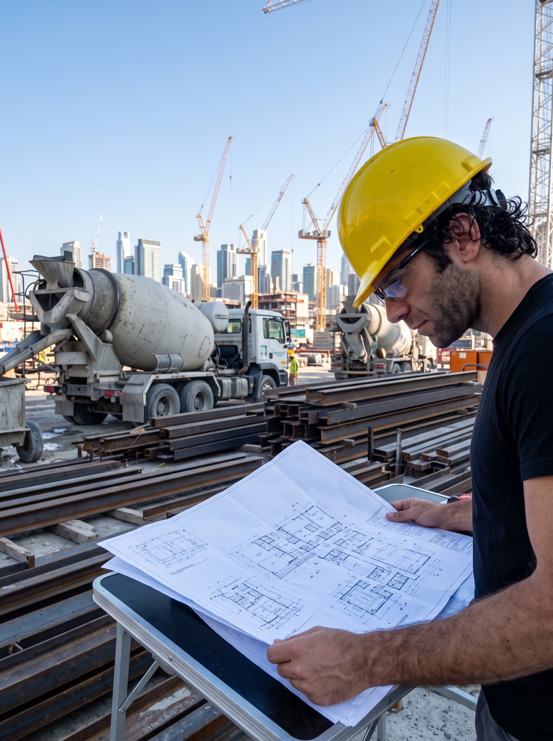 : Portrait of a construction planner wearing a bright hard hat, intently studying a complex blueprint, surrounded by concrete mixers and steel beams, with a skyline of cranes in the distance.