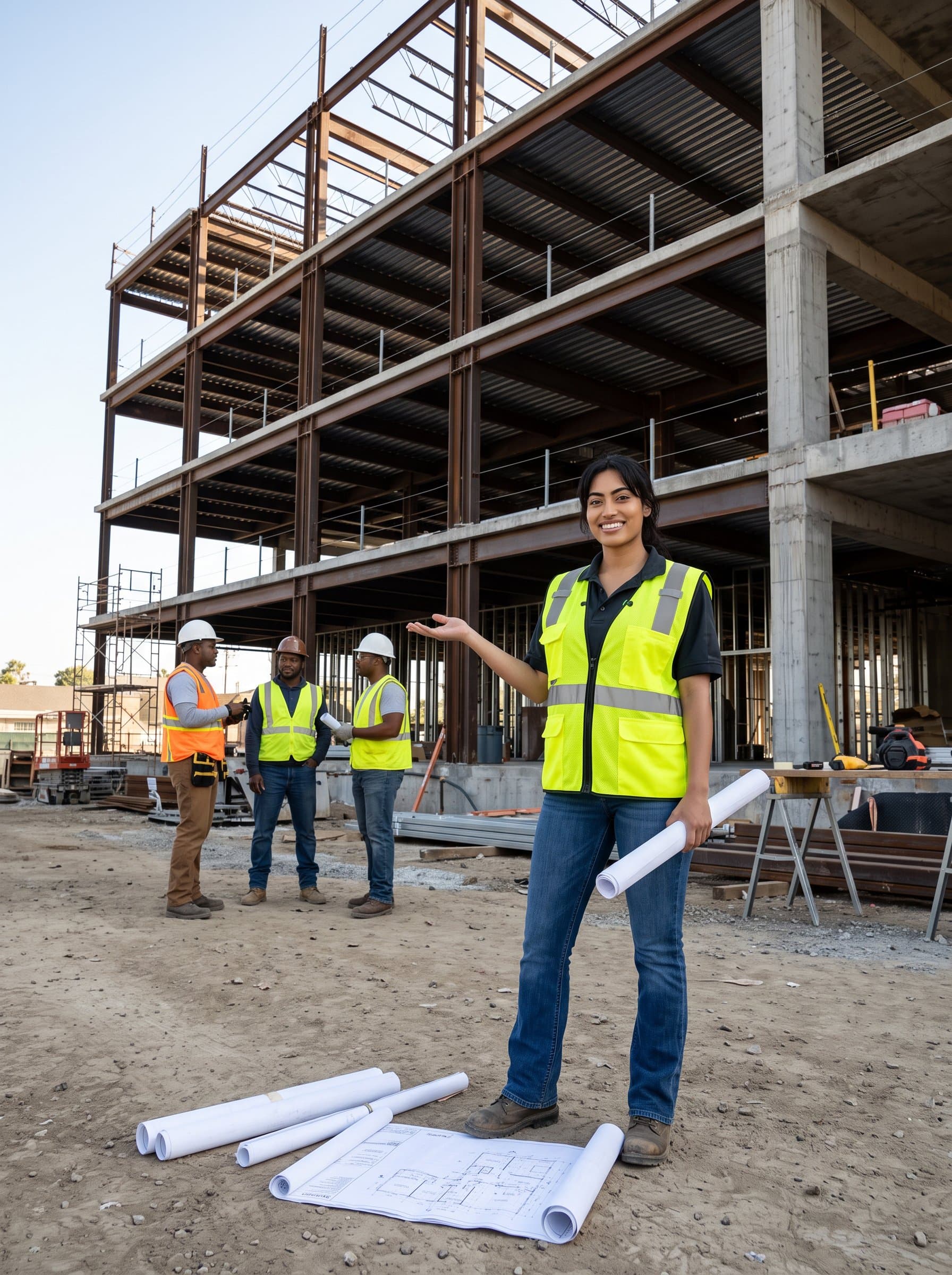 : Photograph a construction supervisor in a neon safety vest, standing proudly in front of a partially constructed building, gesturing towards a team of workers, with scattered blueprints at their feet.