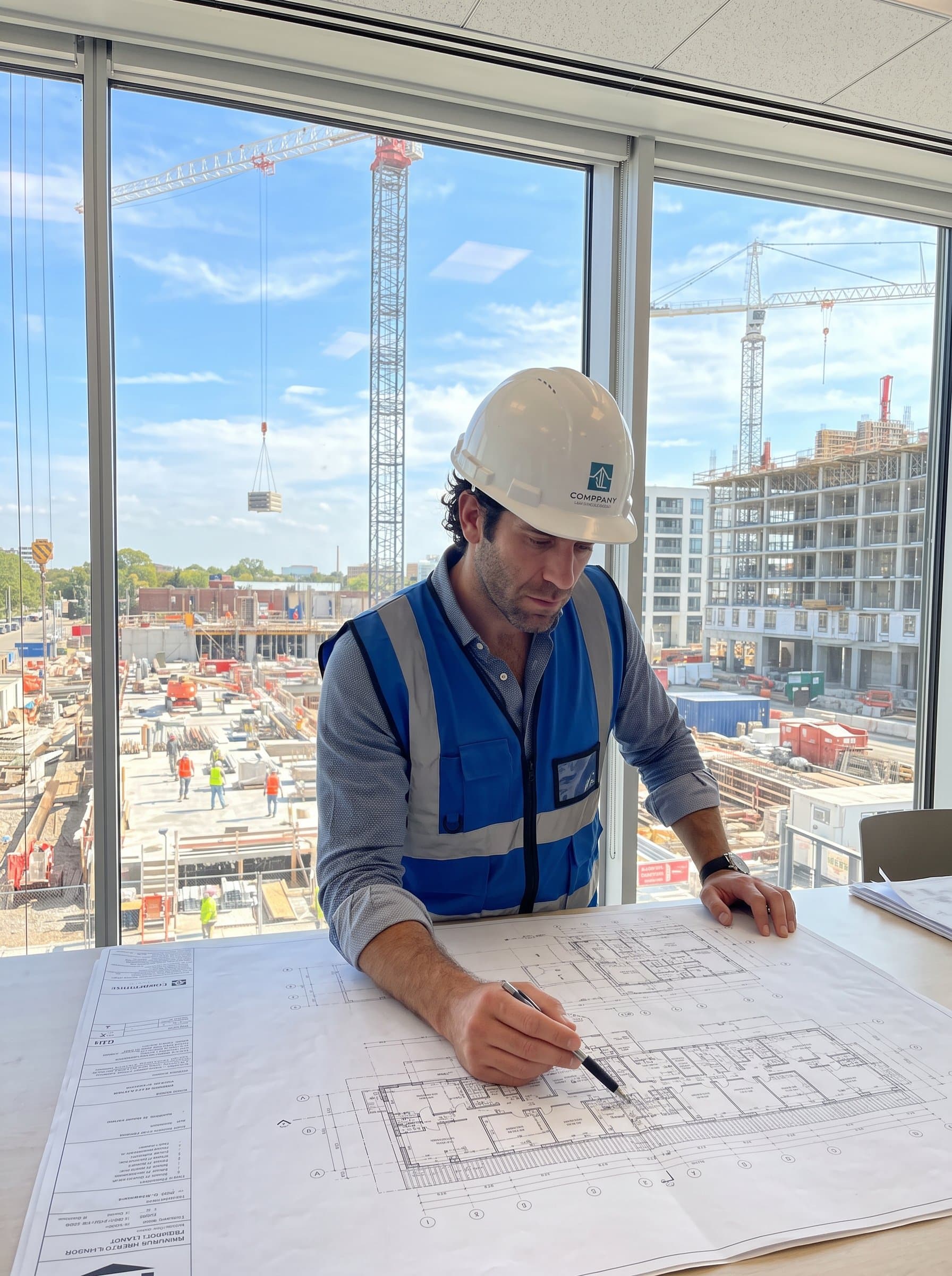 : Showcase a project leader in a construction site office, surrounded by detailed blueprints, wearing a safety helmet, with a panoramic window view of the ongoing construction progress and giant cranes.