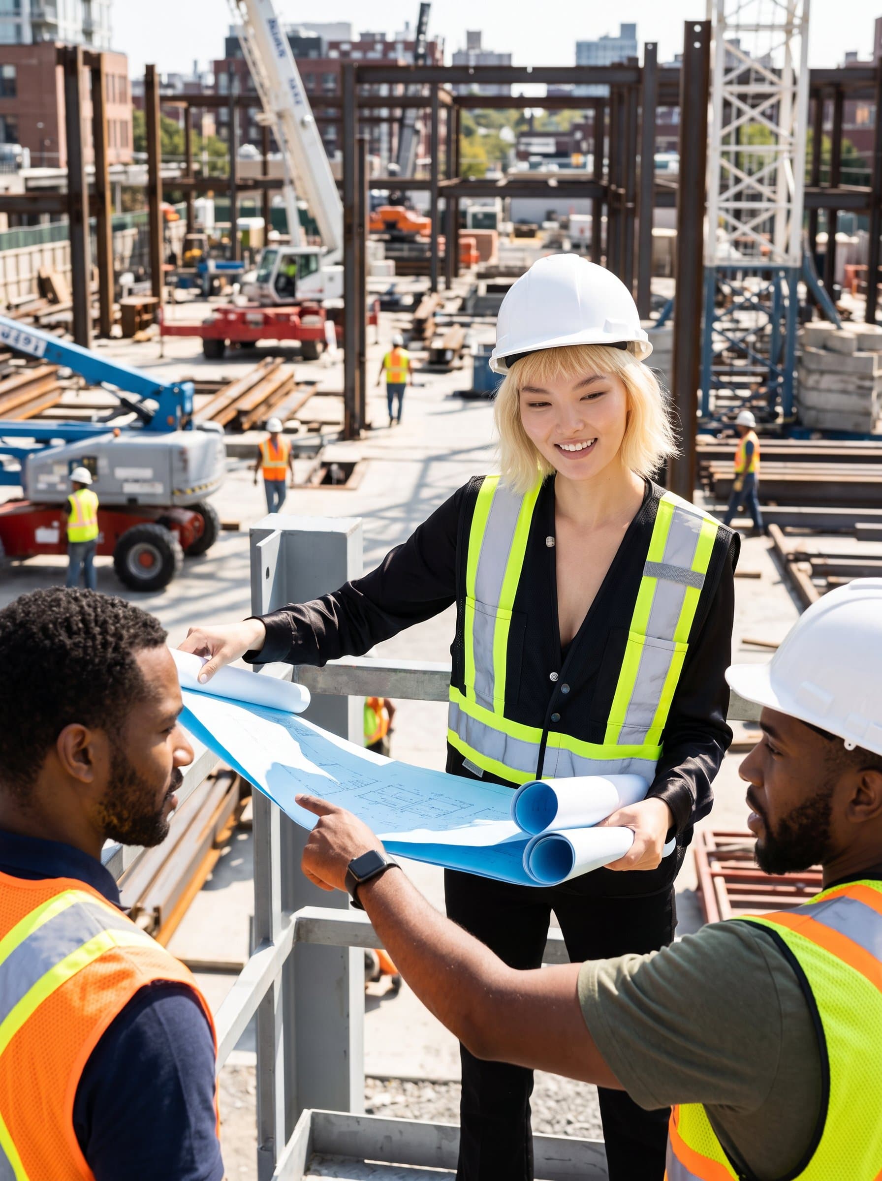 : Image of a construction project manager, confidently overseeing a site from a platform, equipped with a safety vest and helmet, engaged in conversation with workers, with blueprints partially visible.