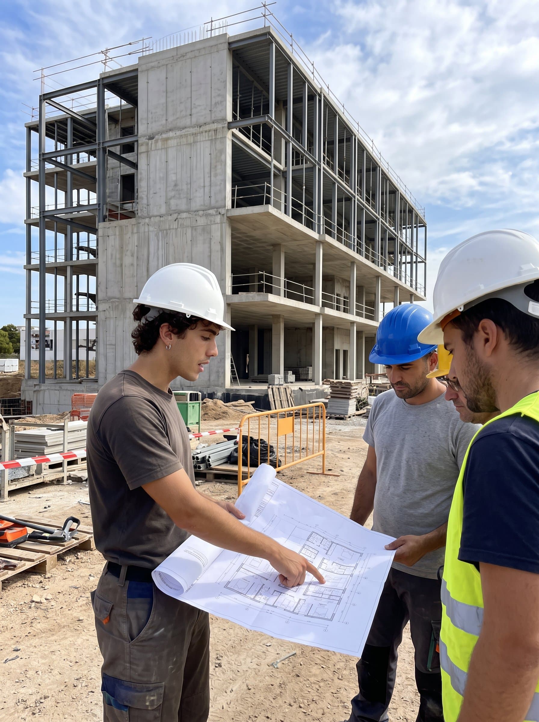 : Photograph a project architect in a white hard hat, explaining design elements depicted on blueprints to a group of workers, with a partially constructed building looming in the background.
