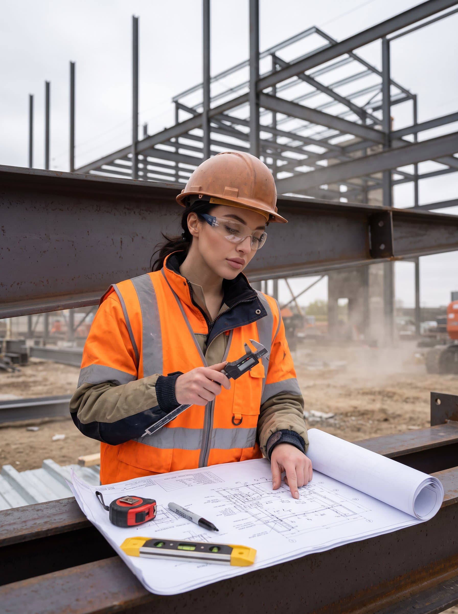 : Portrait of a construction technician in a high-vis vest, diligently inspecting the structural integrity of a steel frame, with close-up detail of blueprints and tools, under an overcast sky.