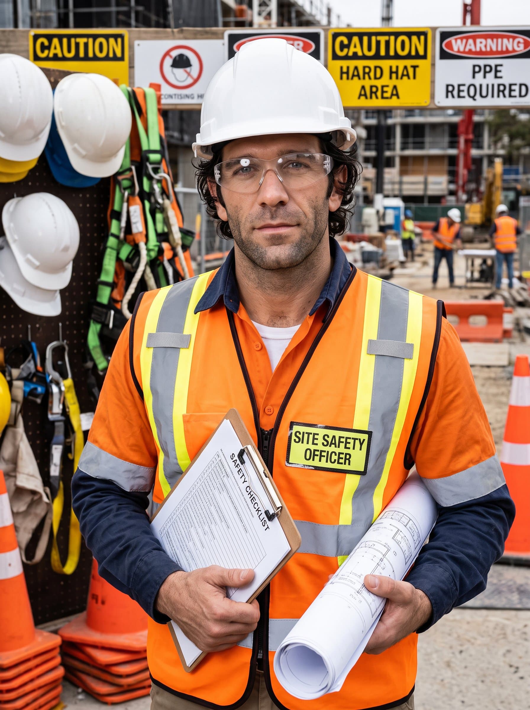 : Image of a construction safety officer, holding a checklist and blueprints, with a backdrop of safety gear and warning signs, demonstrating a commitment to safe and efficient construction practices.