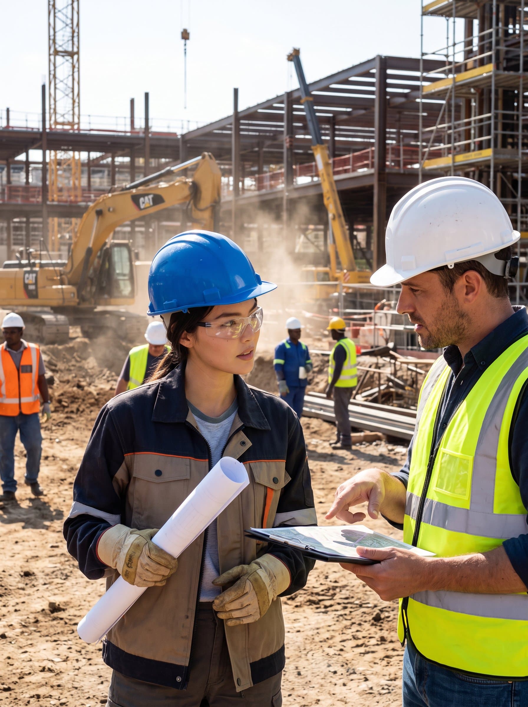 : Image of a construction team leader in a bustling site, blue hard hat on, engaged in a strategic discussion with a colleague, blueprint rolled in hand, against a backdrop of active machinery.