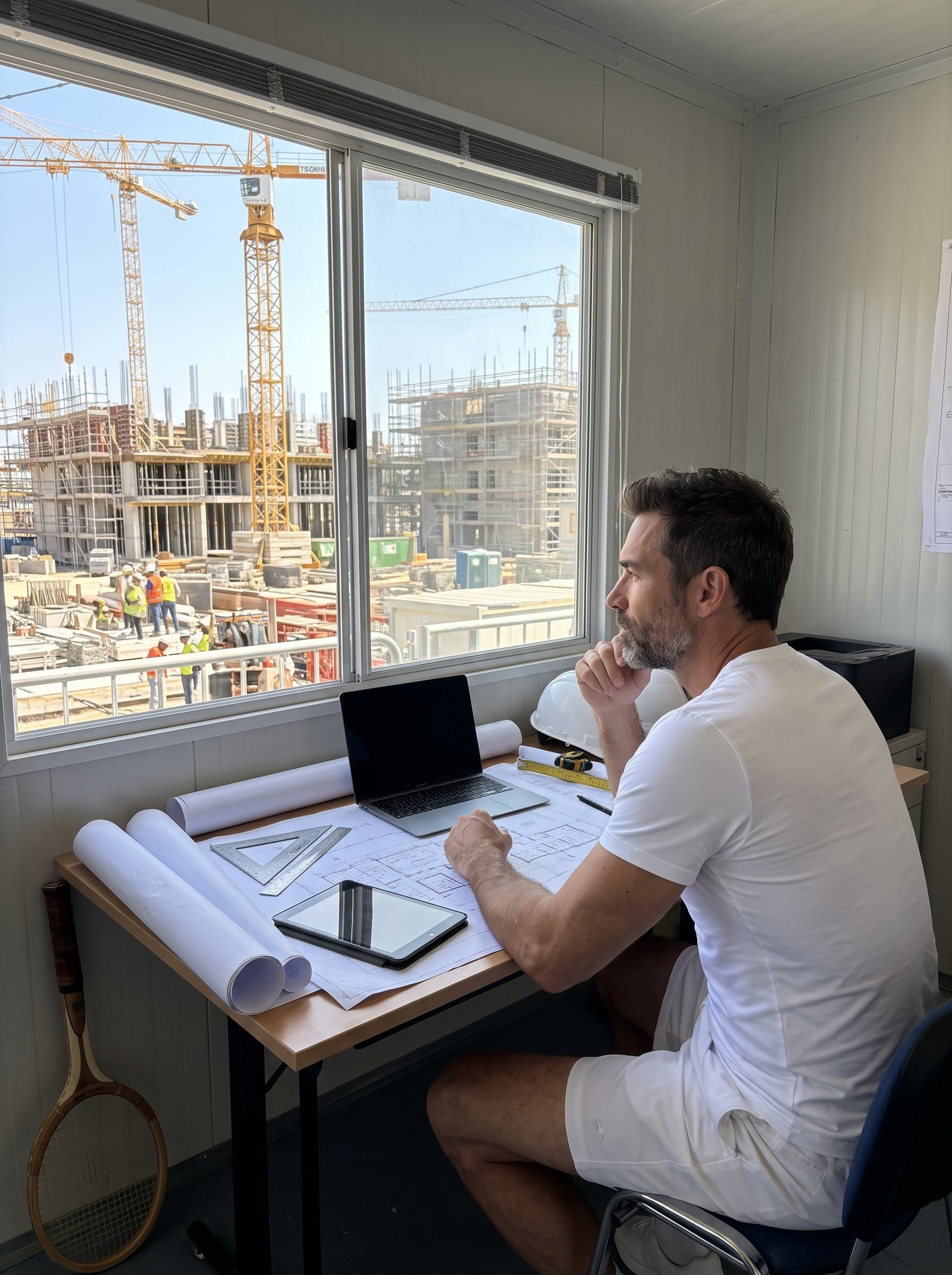 : Capture a construction planner, sitting at a temporary site desk amidst blueprints and technology, looking towards an evolving construction panorama, with cranes and scaffolding in their view.