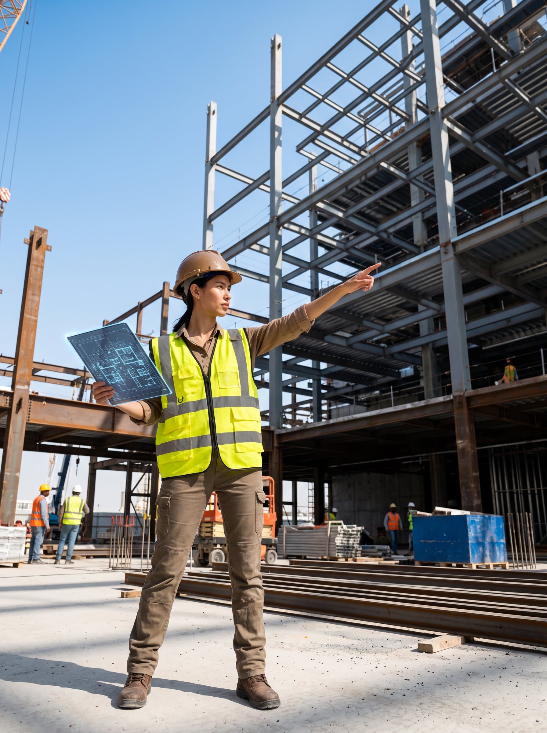 : Capture an engineer on-site, in a reflective vest, pointing towards a newly installed steel structure, with a tablet displaying digital blueprints, embodying innovation and modern construction practices.
